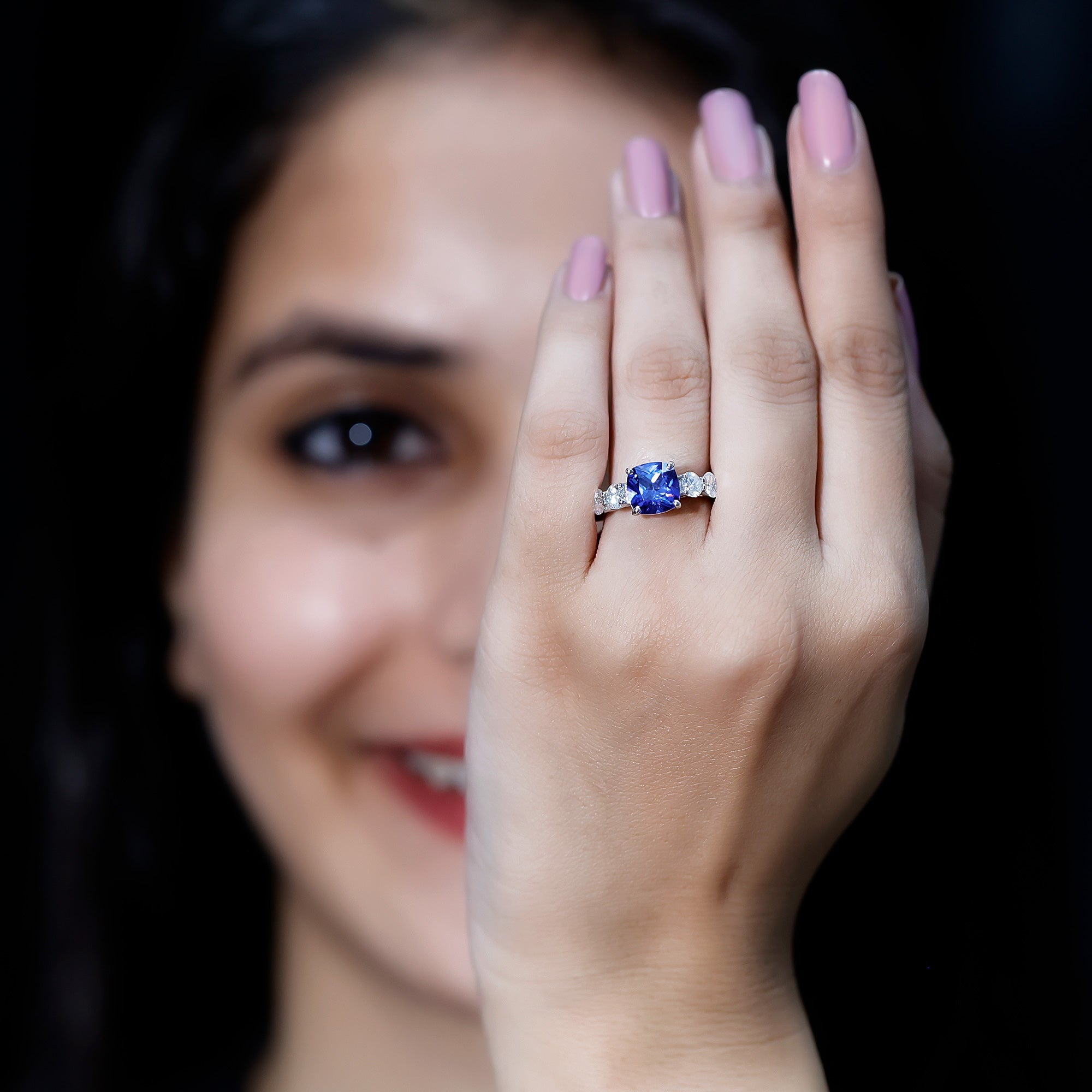 Certified 2.75 Carat Lab Grown Blue Sapphire Cushion Cut Engagement Ring with Moissanite AAAA - Rosec Jewels
