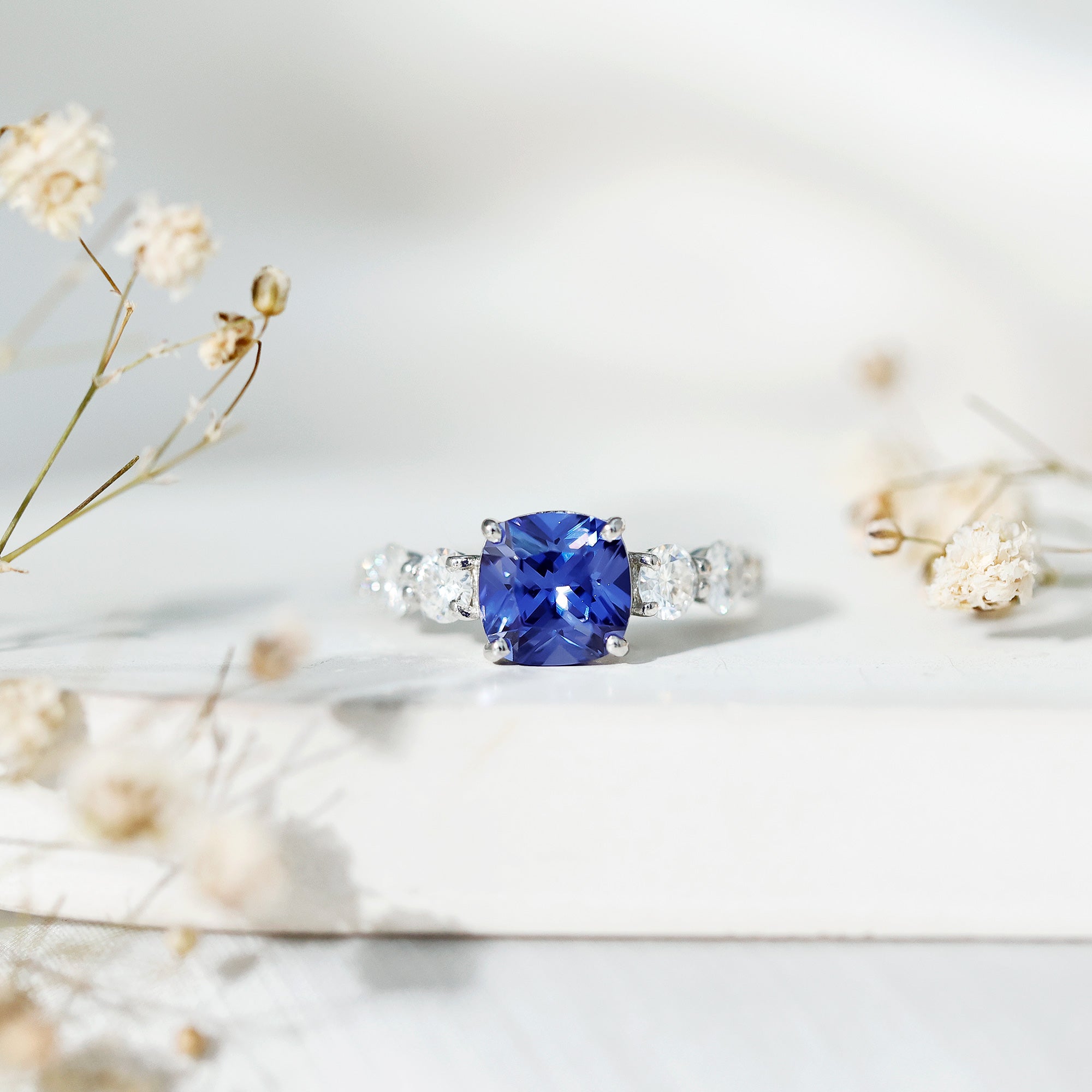 Certified 2.75 Carat Lab Grown Blue Sapphire Cushion Cut Engagement Ring with Moissanite AAAA - Rosec Jewels