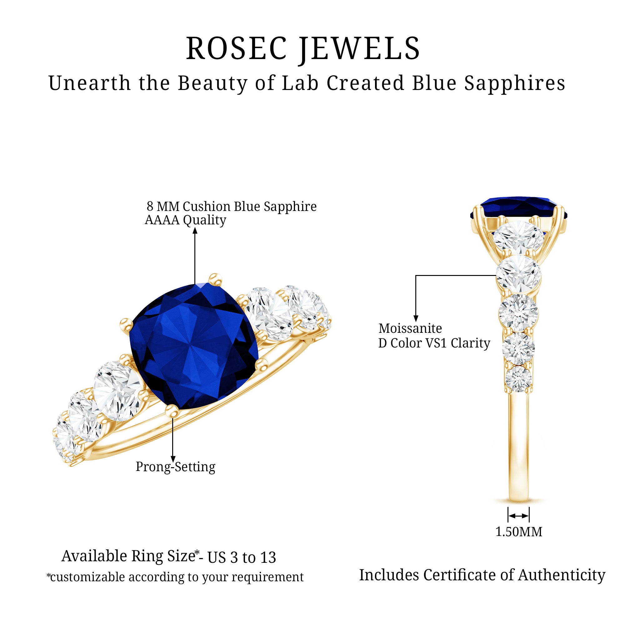 Certified 2.75 Carat Lab Grown Blue Sapphire Cushion Cut Engagement Ring with Moissanite AAAA - Rosec Jewels