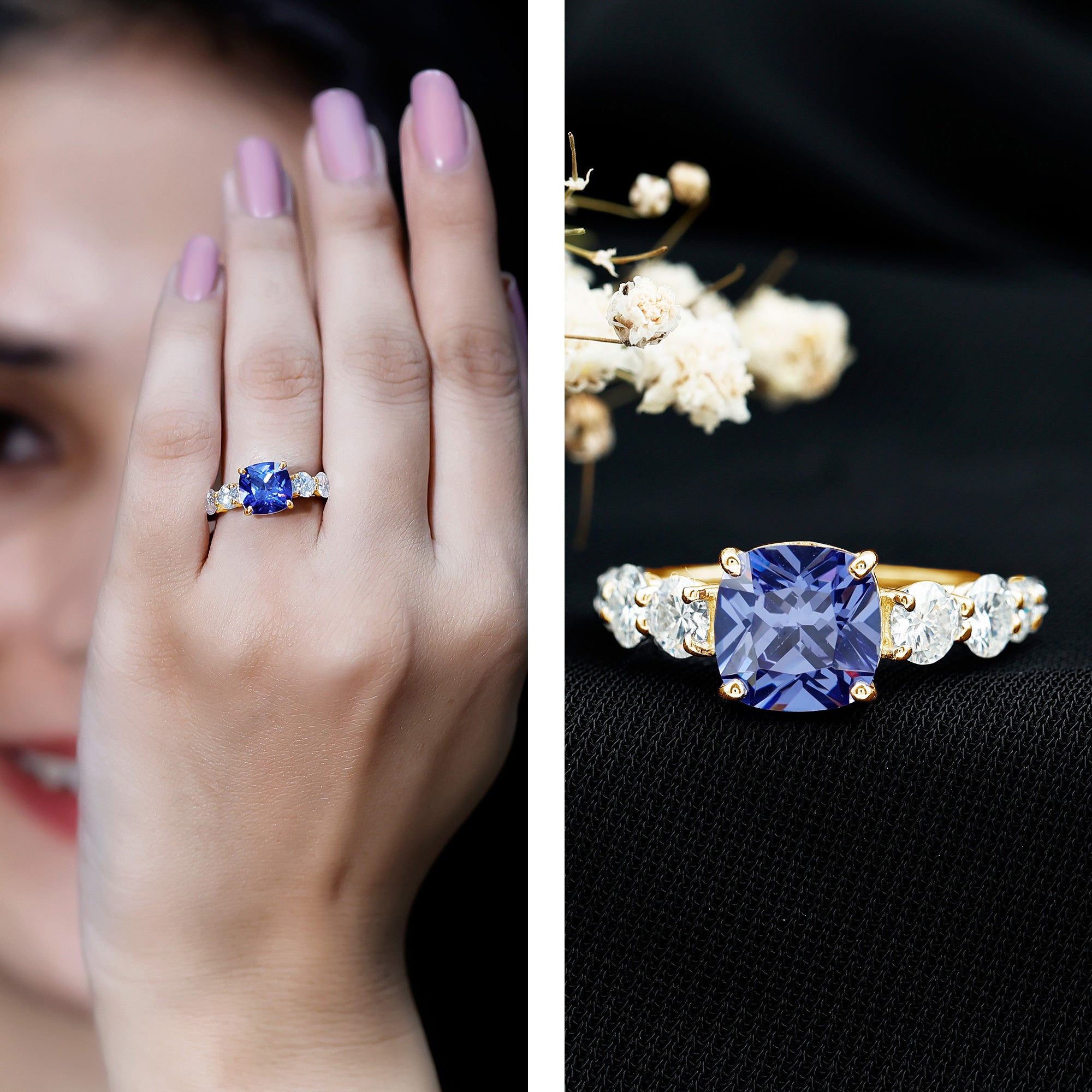 Certified 2.75 Carat Lab Grown Blue Sapphire Cushion Cut Engagement Ring with Moissanite AAAA - Rosec Jewels