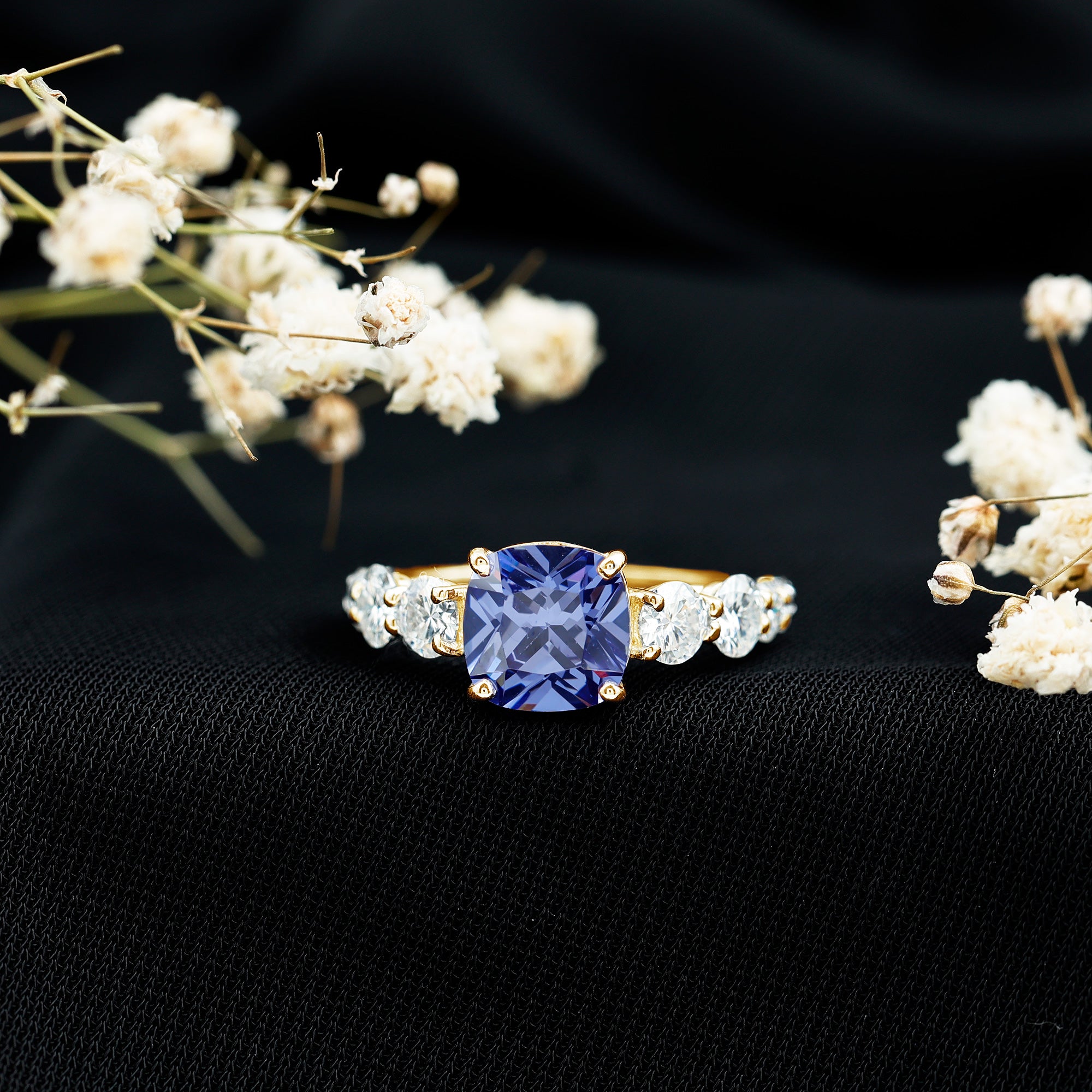 Certified 2.75 Carat Lab Grown Blue Sapphire Cushion Cut Engagement Ring with Moissanite AAAA - Rosec Jewels