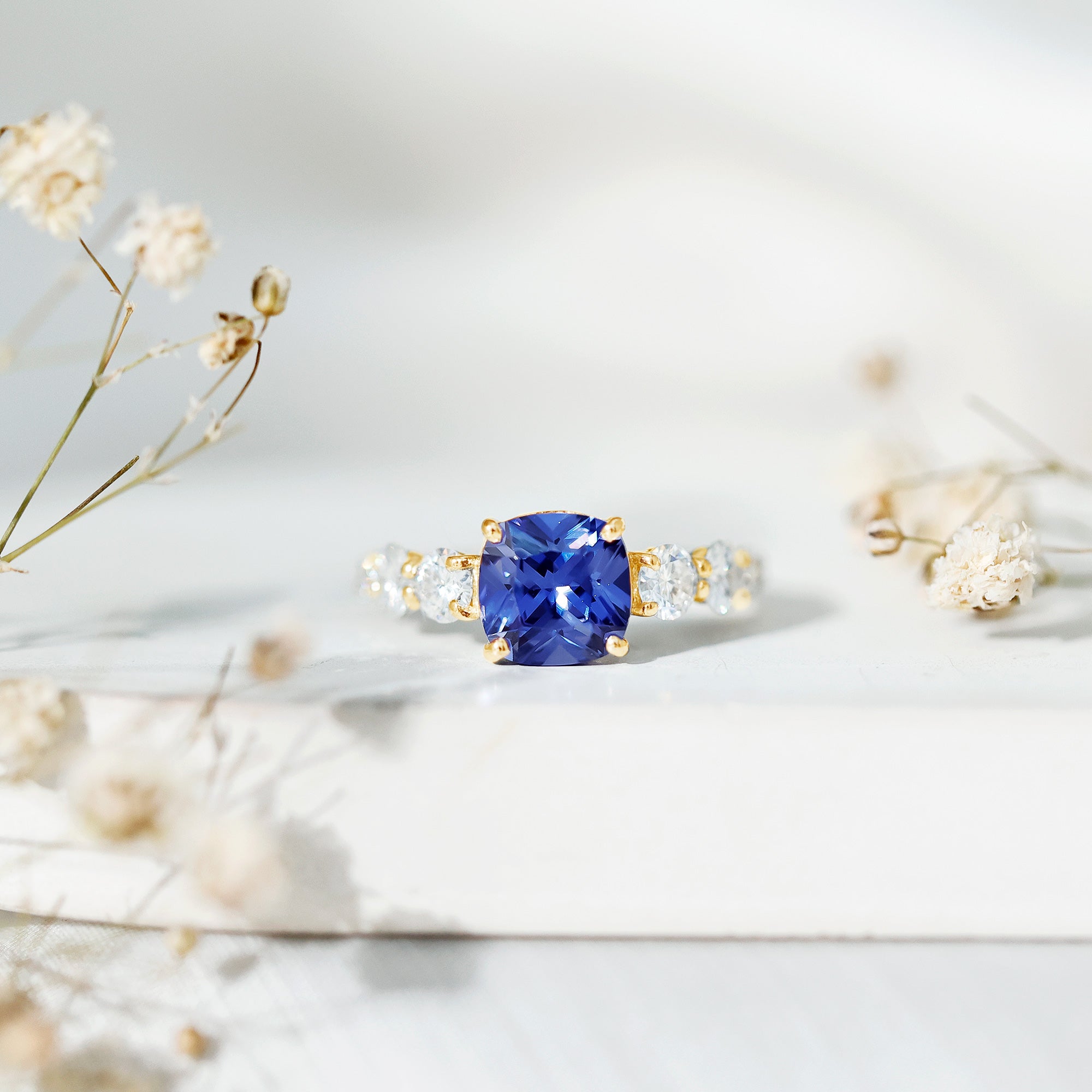 Certified 2.75 Carat Lab Grown Blue Sapphire Cushion Cut Engagement Ring with Moissanite AAAA - Rosec Jewels