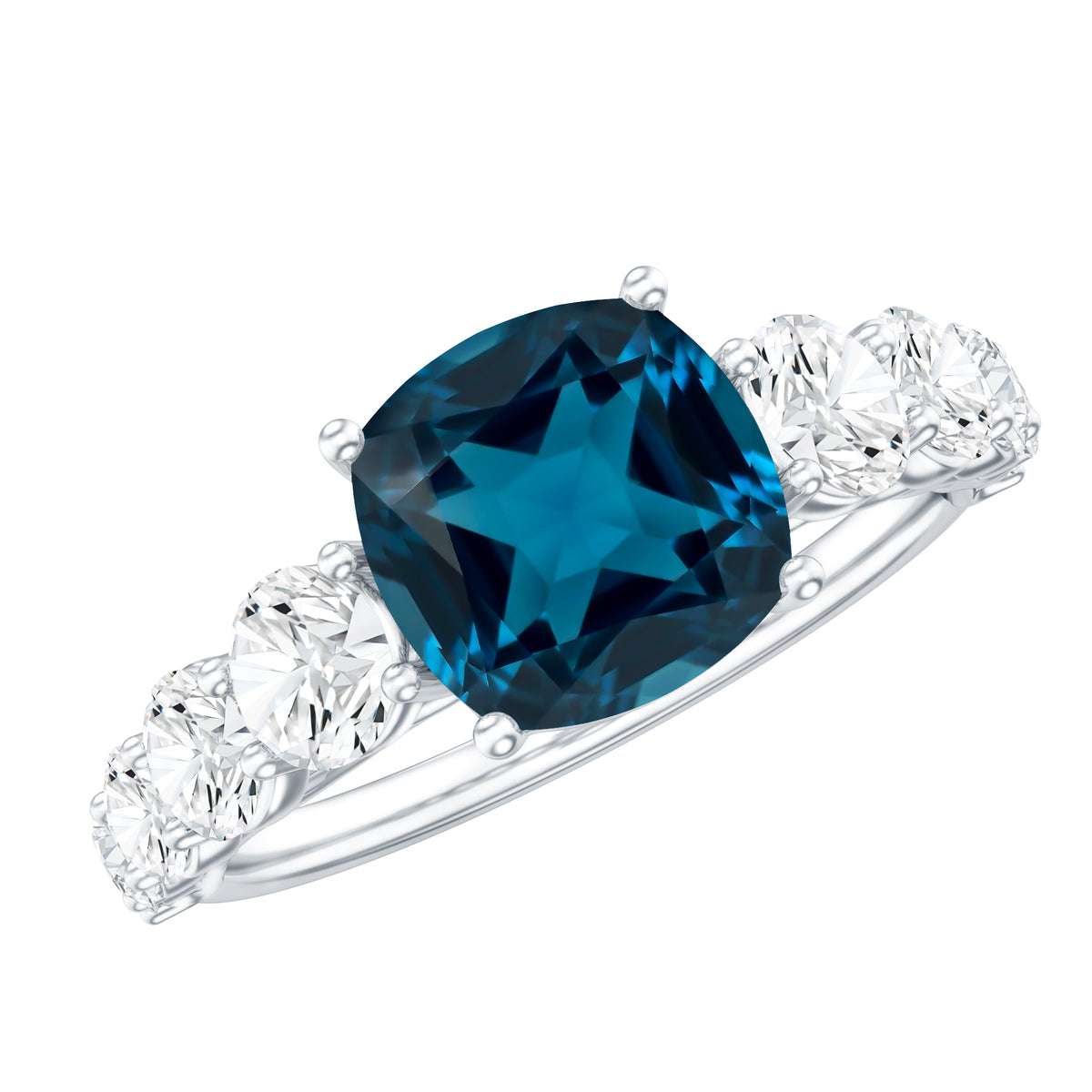 2.8 Carat Cushion Cut London Blue Topaz Solitaire Engagement Ring with Moissanite Side Stones AAA - Rosec Jewels