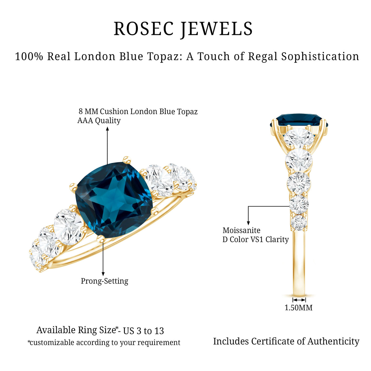 2.8 Carat Cushion Cut London Blue Topaz Solitaire Engagement Ring with Moissanite Side Stones AAA - Rosec Jewels