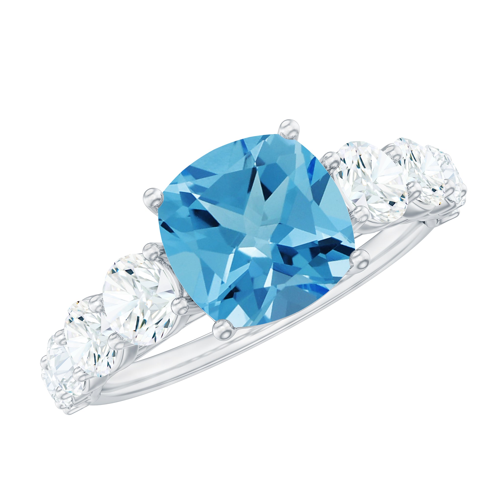 Cushion Cut Swiss Blue Topaz Solitaire and Moissanite Side Stone Engagement Ring