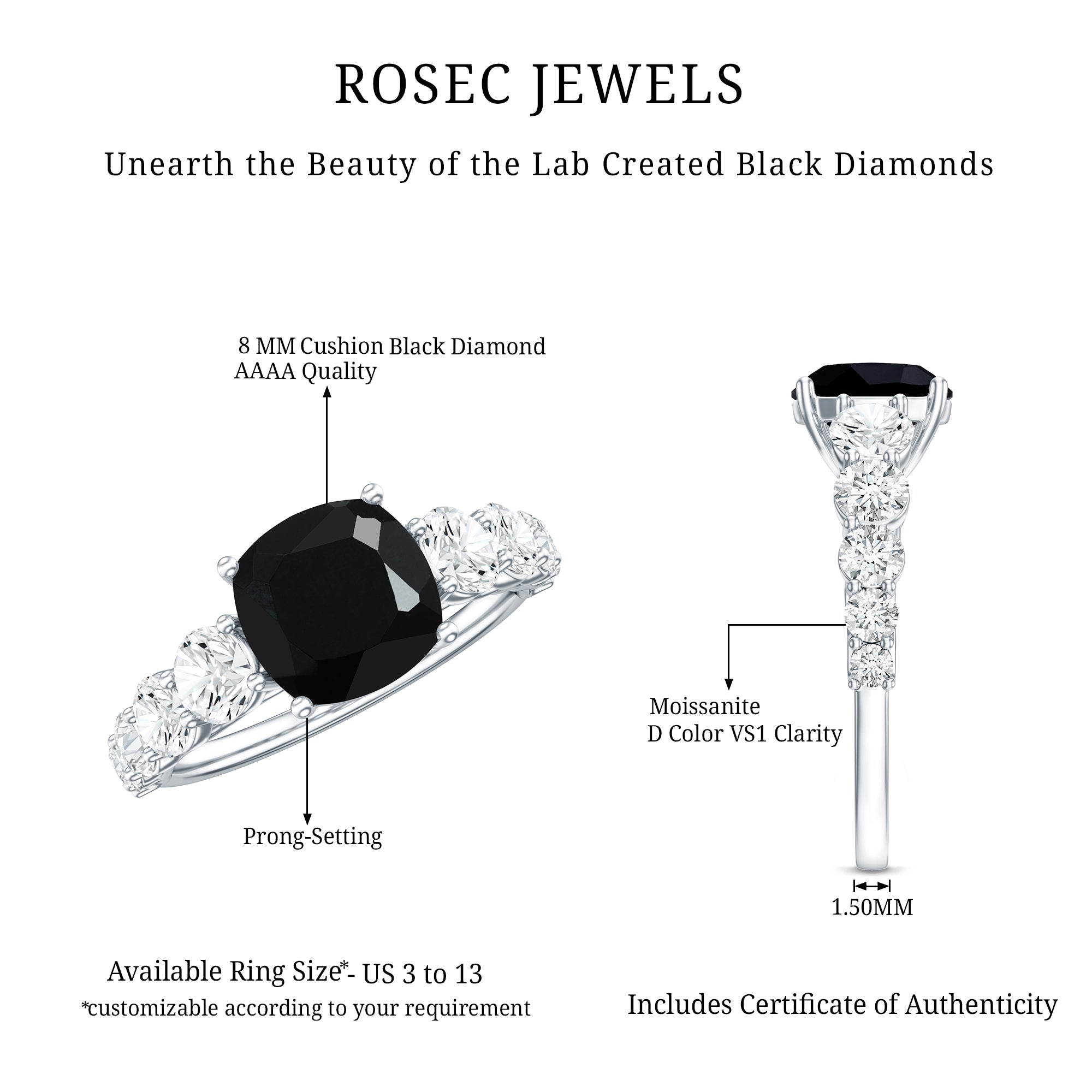 Certified 2.8 Carat Lab Grown Black Diamond Cushion Cut Engagement Ring with Moissanite AAAA ( Synthetic ) - Rosec Jewels