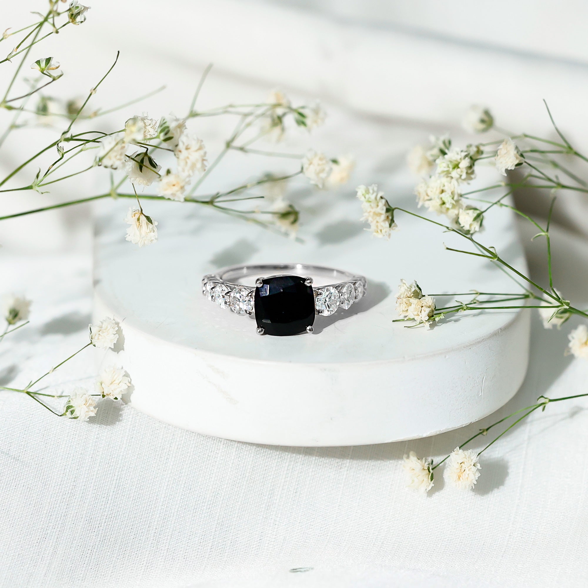 Certified 2.8 Carat Lab Grown Black Diamond Cushion Cut Engagement Ring with Moissanite AAAA ( Synthetic ) - Rosec Jewels