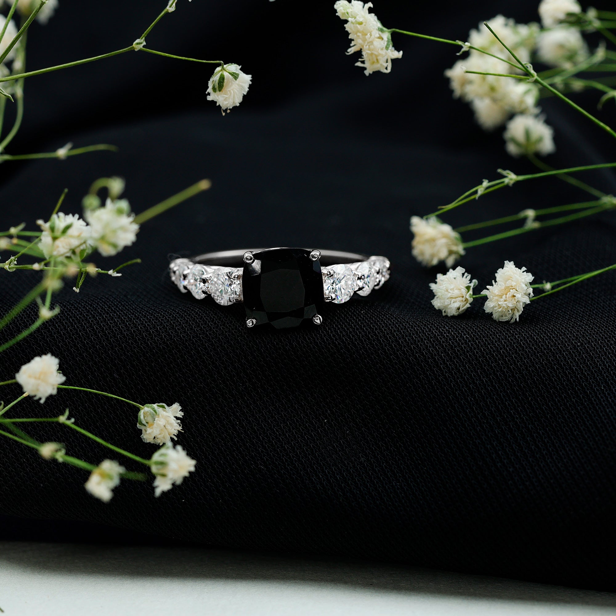 Certified 2.8 Carat Lab Grown Black Diamond Cushion Cut Engagement Ring with Moissanite AAAA ( Synthetic ) - Rosec Jewels