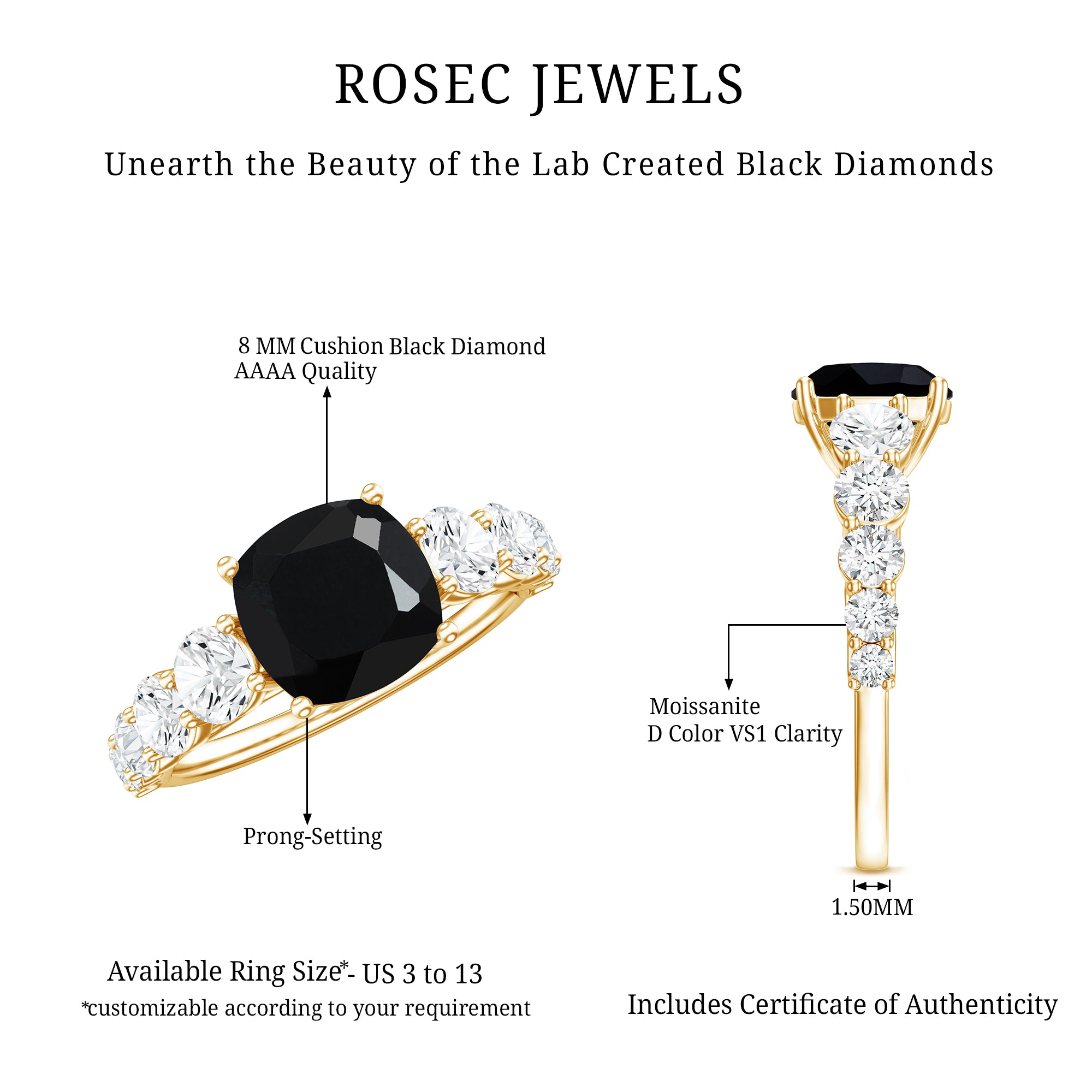 Certified 2.8 Carat Lab Grown Black Diamond Cushion Cut Engagement Ring with Moissanite AAAA ( Synthetic ) - Rosec Jewels