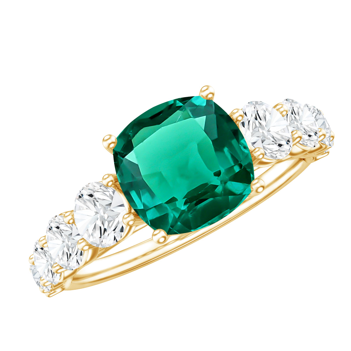 Lab Grown Emerald 2 Carat Cushion Engagement Ring with Moissanite Side Stones AAAA - Rosec Jewels