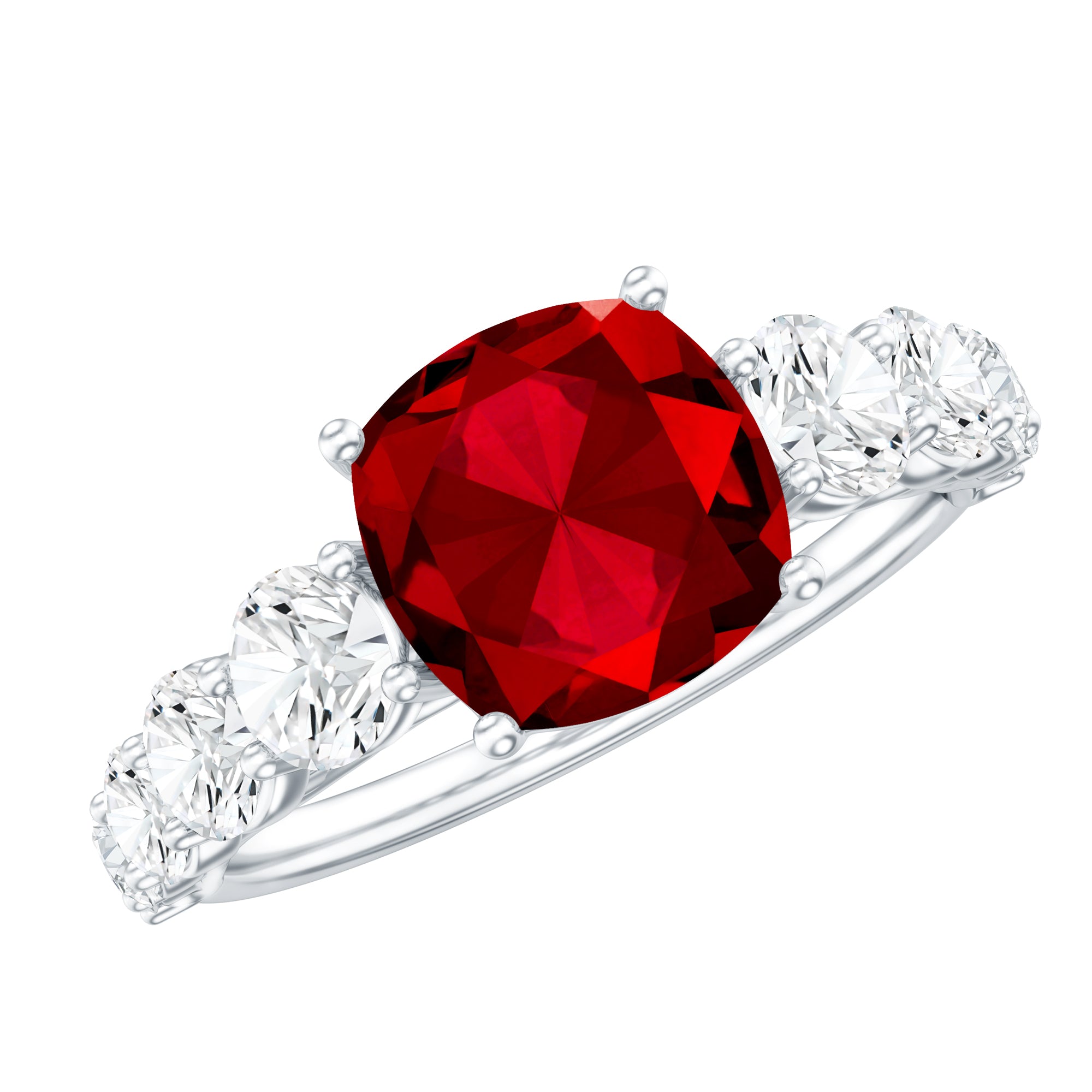 Asscher Cut Created Ruby Solitaire Ring with Moissanite Side Stones