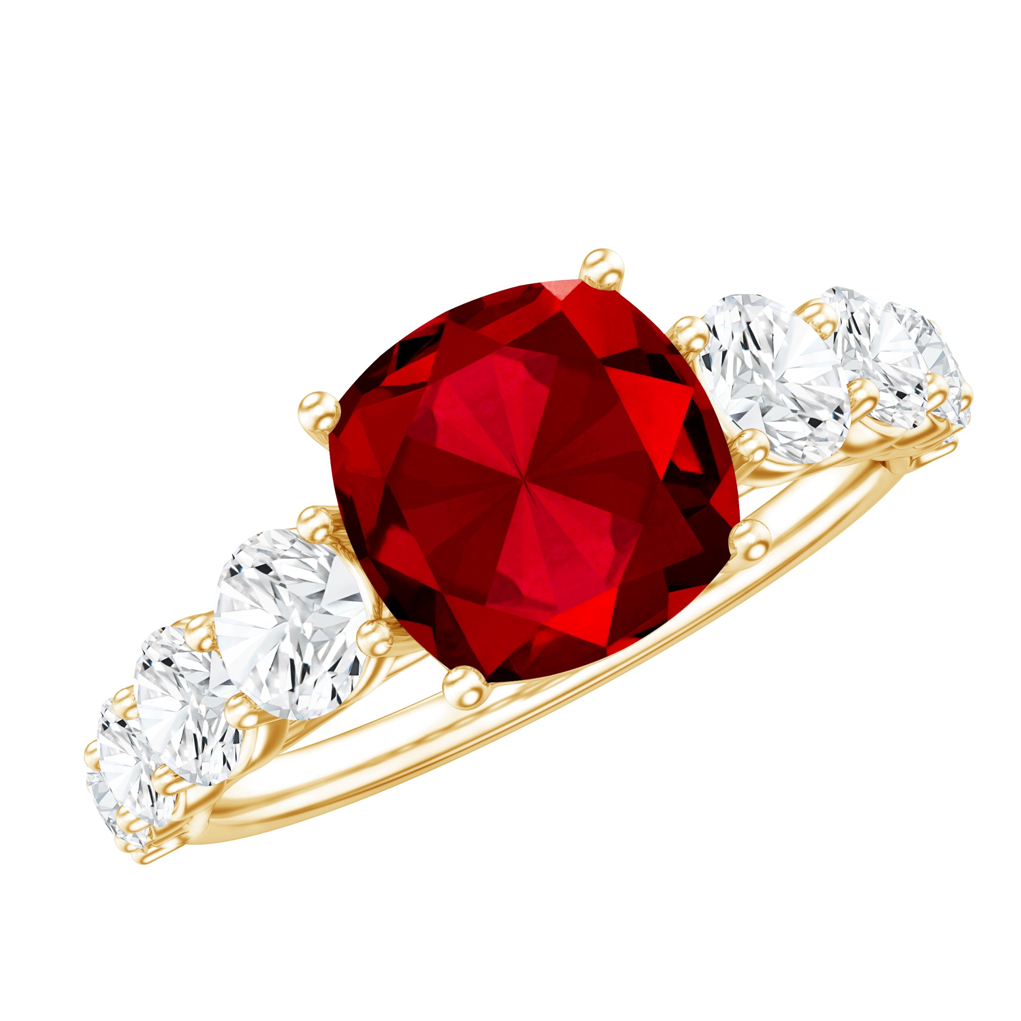 2 Carat Cushion Cut Lab Created Ruby Engagement Ring with Side Stones AAAA - Rosec Jewels