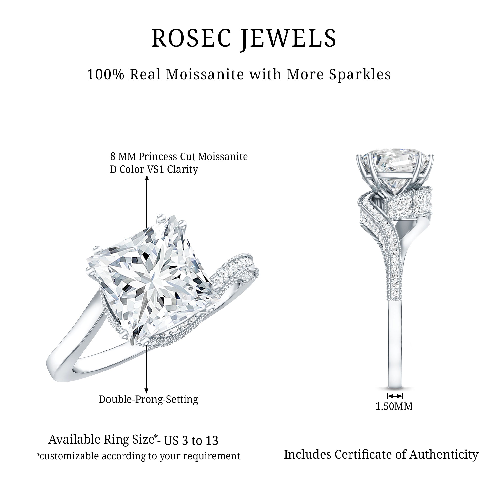 3.5 CT Moissanite Bypass Engagement Ring with Milgrain Detailing D-VS1 - Rosec Jewels