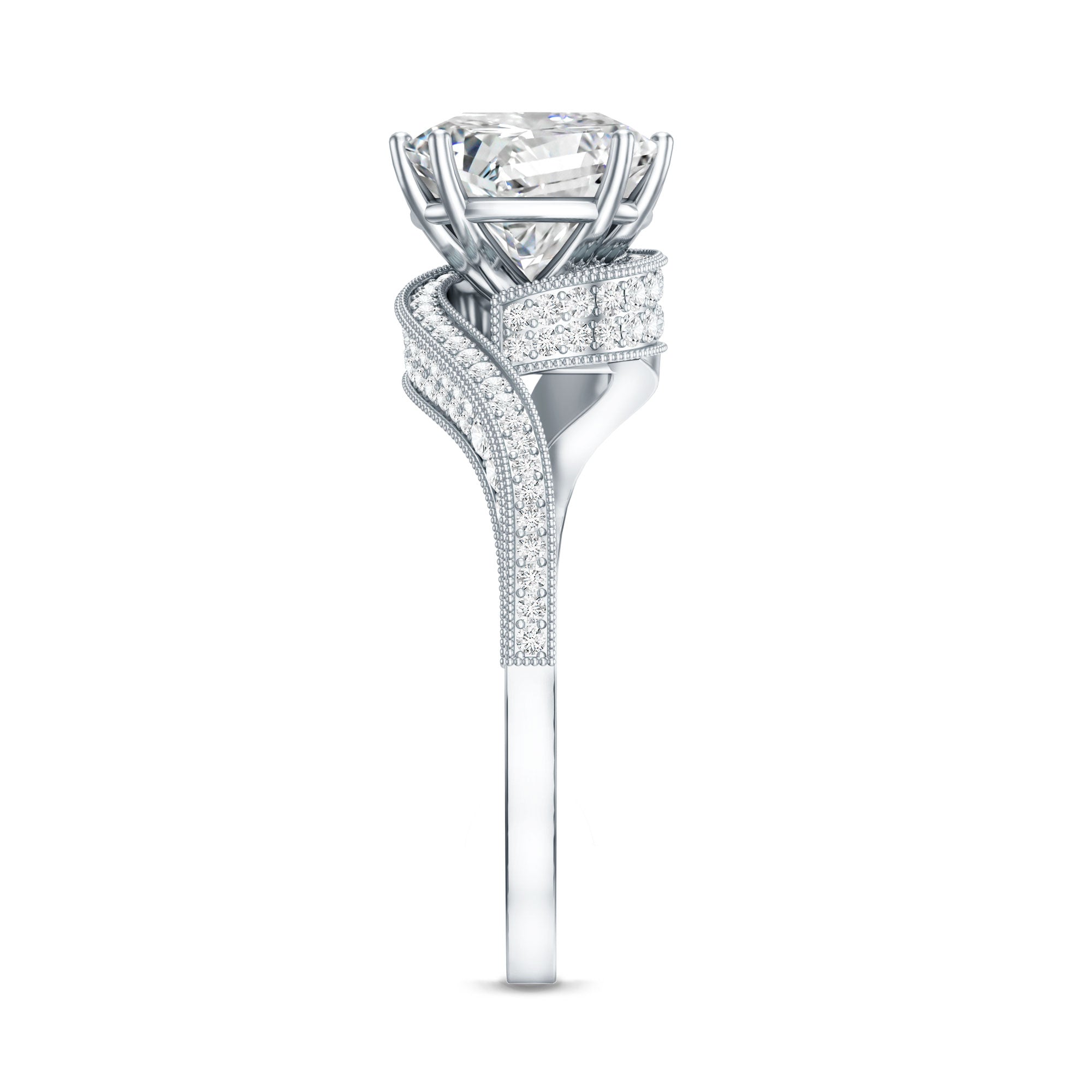 3.5 CT Moissanite Bypass Engagement Ring with Milgrain Detailing D-VS1 - Rosec Jewels