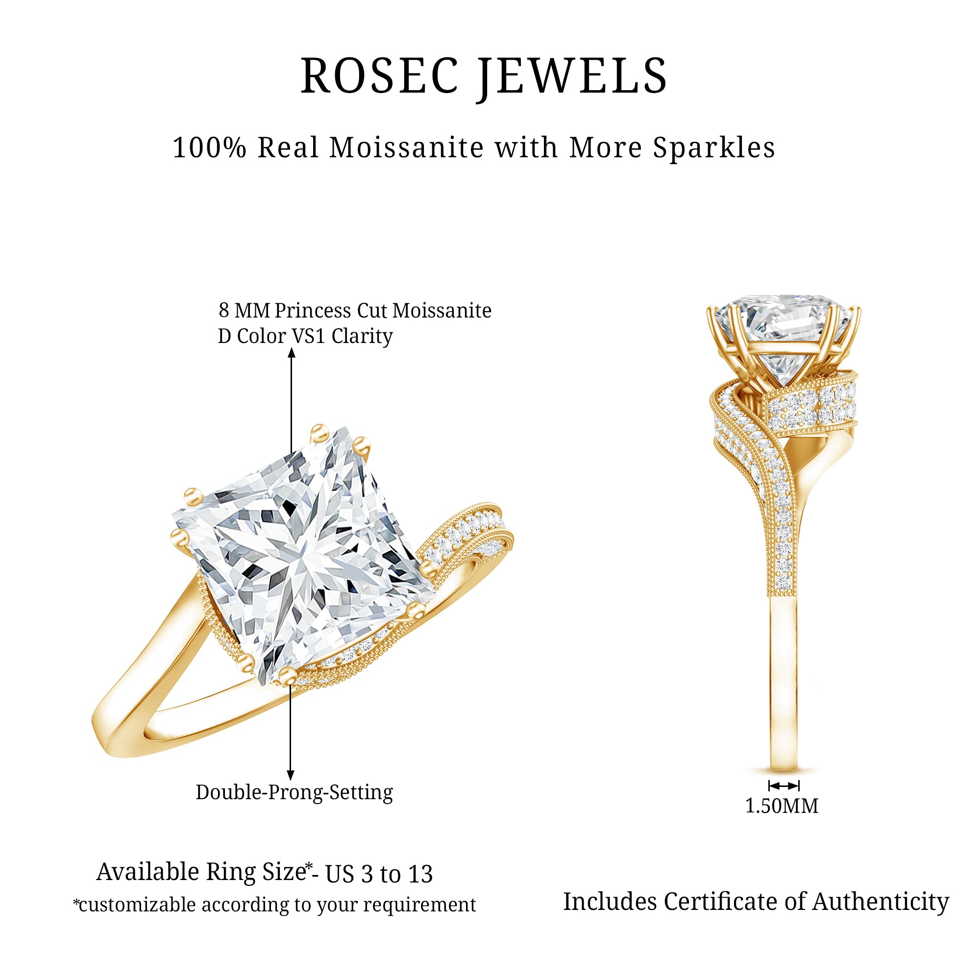 3.5 CT Moissanite Bypass Engagement Ring with Milgrain Detailing D-VS1 - Rosec Jewels