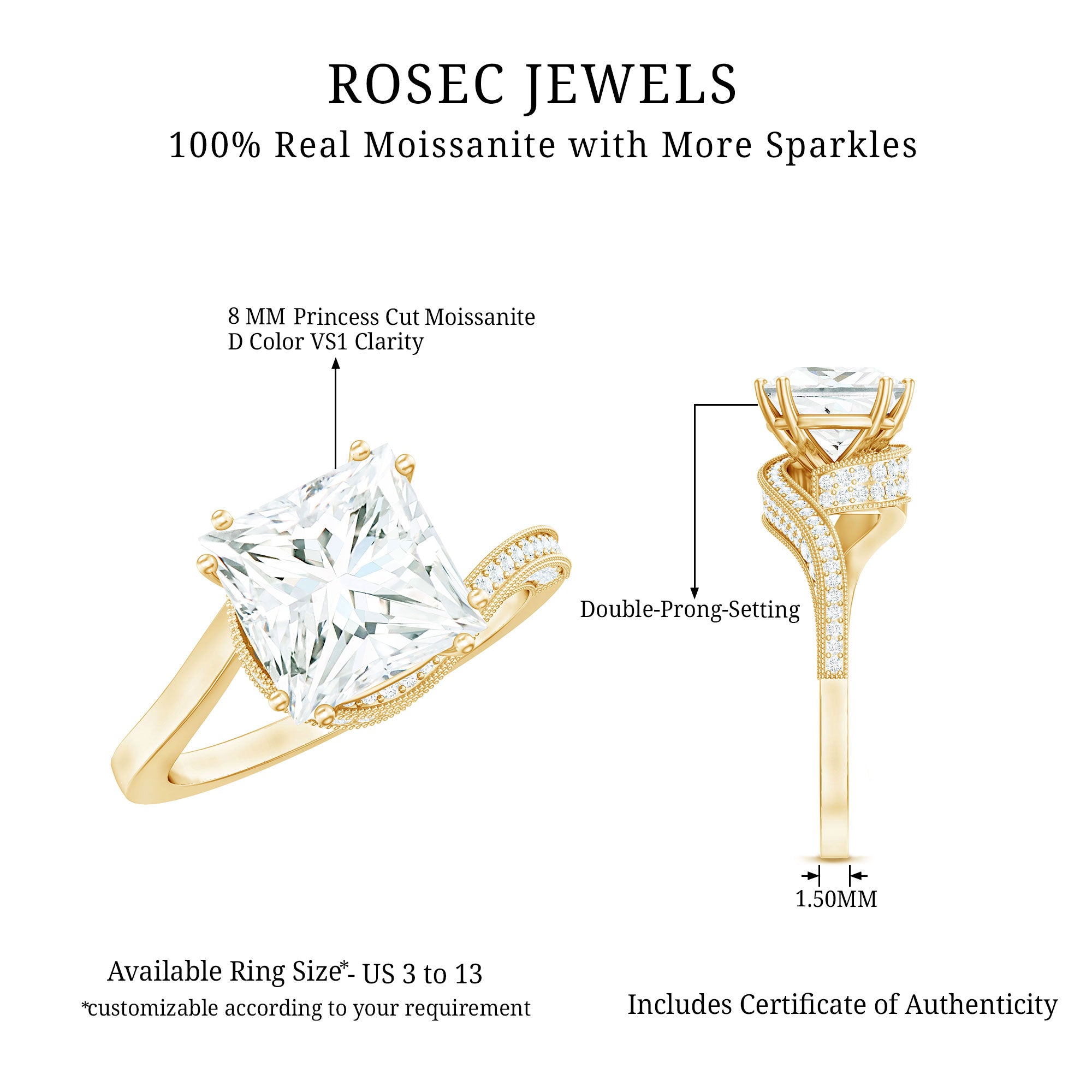 3.5 CT Moissanite Bypass Engagement Ring with Milgrain Detailing D-VS1 - Rosec Jewels