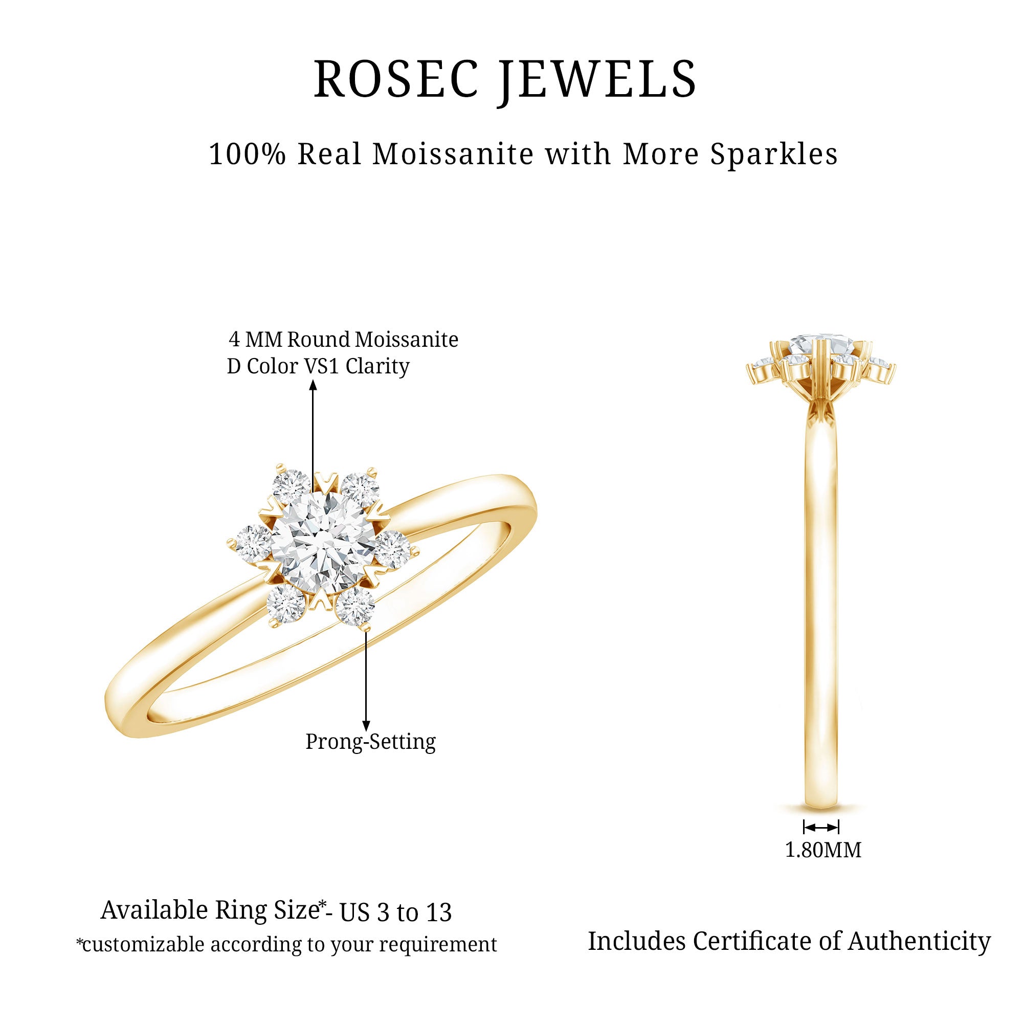 Round Moissanite Flower Promise Ring for Her D-VS1 - Rosec Jewels