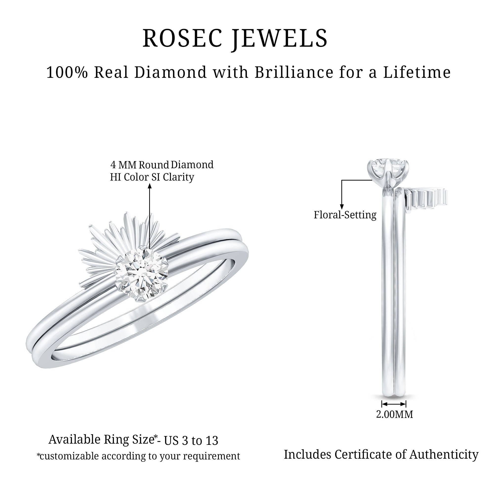 Certified Natural Diamond Promise Ring with Sunburst Enhancer Natural - ( HI-SI ) - Rosec Jewels