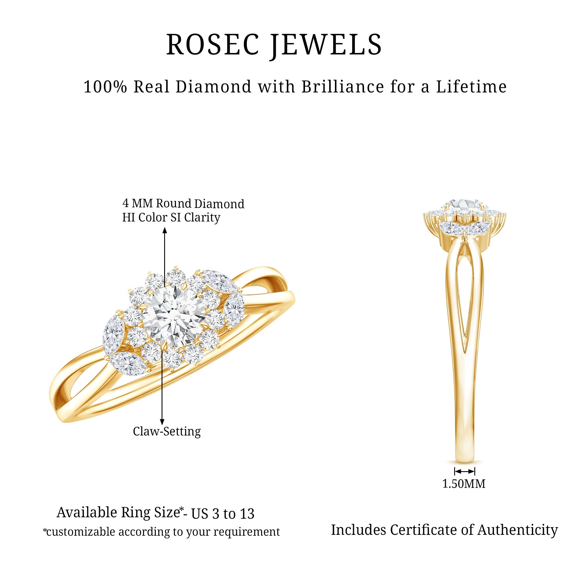 Diamond Flower Engagement Ring with Split Shank Natural - ( HI-SI ) - Rosec Jewels