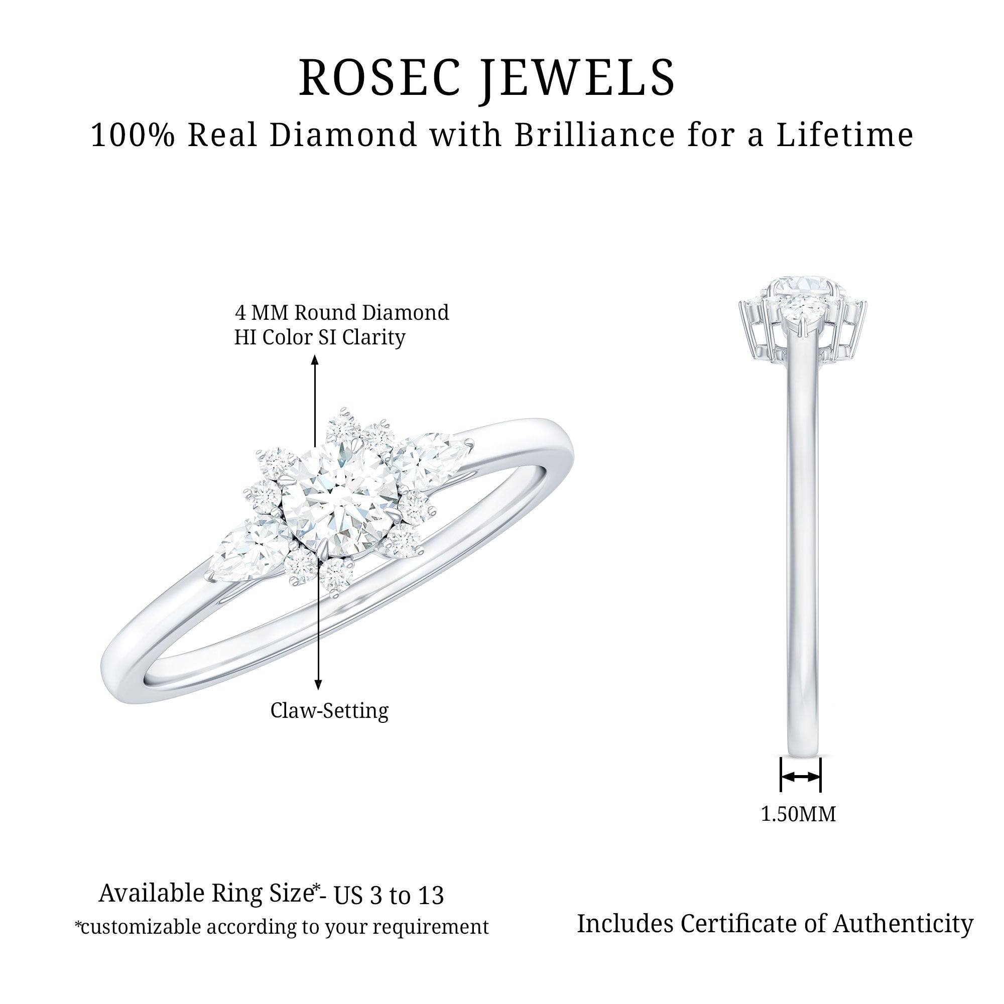 Natural Diamond Promise Ring with Certificate Natural - ( HI-SI ) - Rosec Jewels