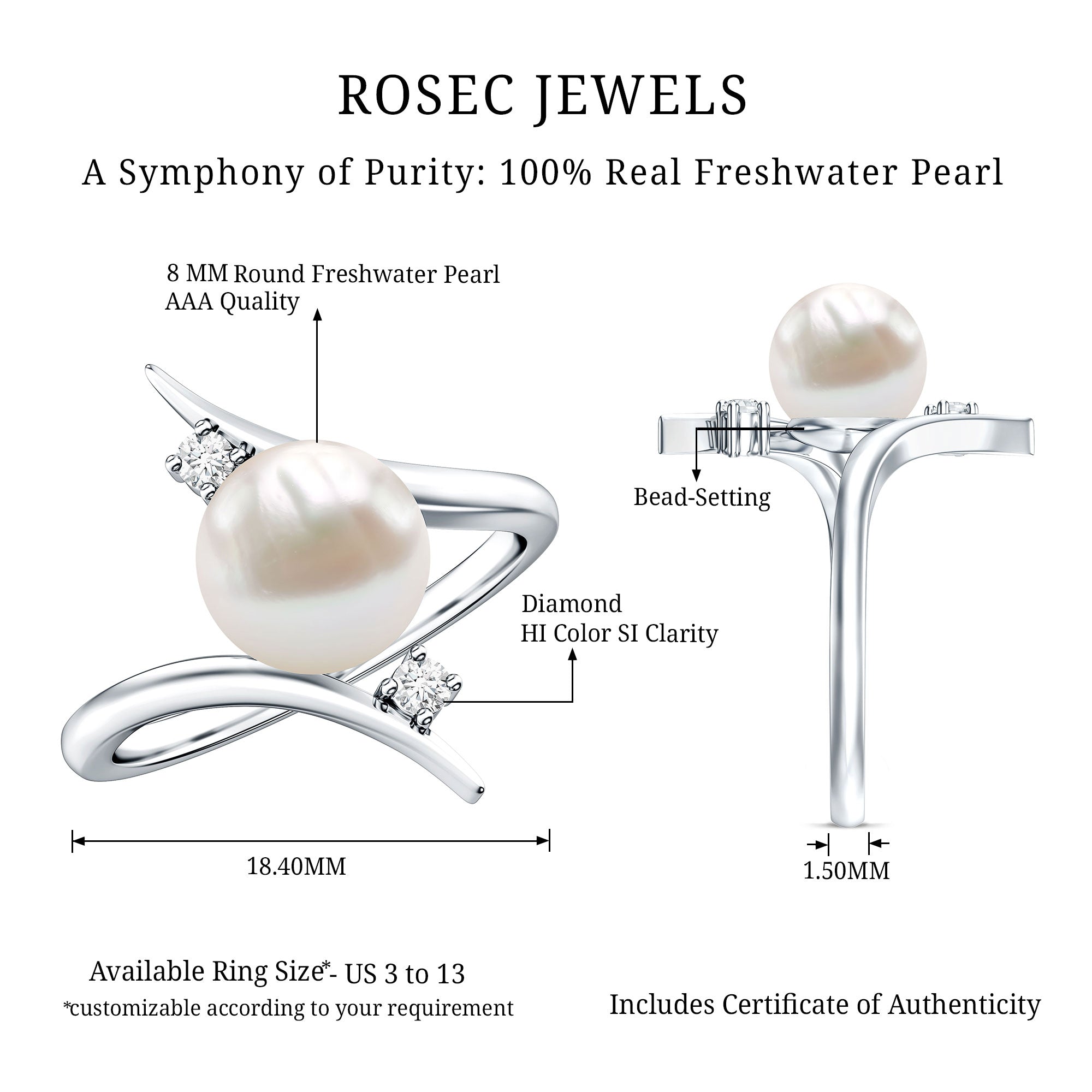 Cultured 7.4 Carat Freshwater Pearl Engagement Ring with Diamond Bypass Shank AAA - Rosec Jewels