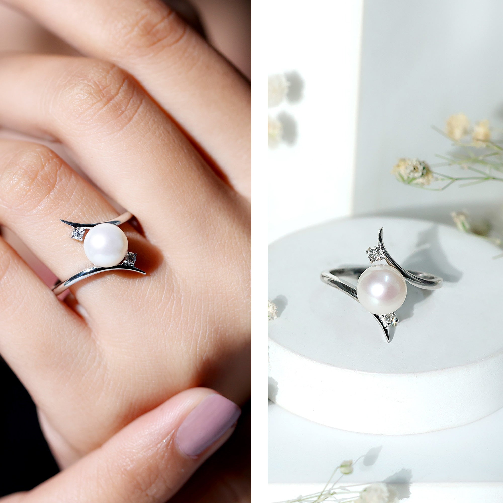Cultured 7.4 Carat Freshwater Pearl Engagement Ring with Diamond Bypass Shank AAA - Rosec Jewels