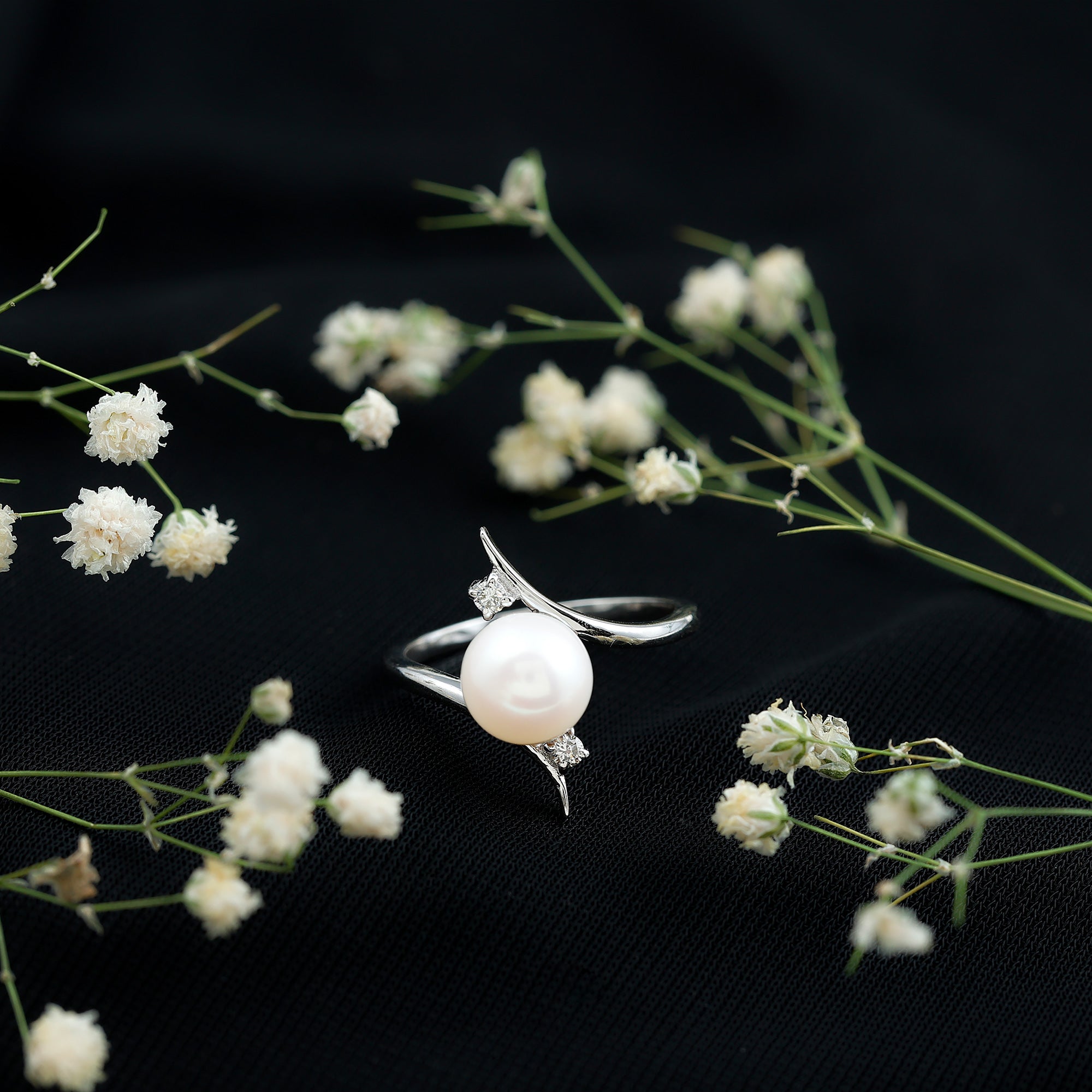 Cultured 7.4 Carat Freshwater Pearl Engagement Ring with Diamond Bypass Shank AAA - Rosec Jewels