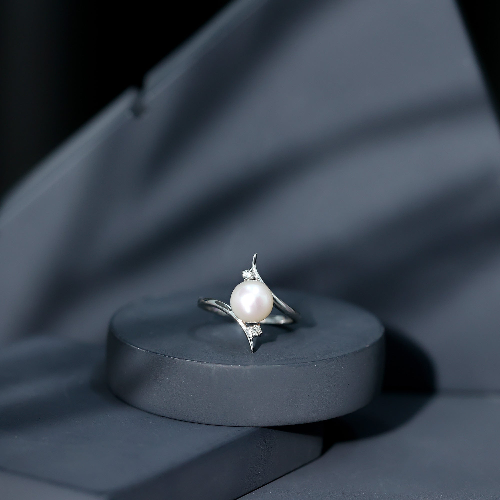 Cultured 7.4 Carat Freshwater Pearl Engagement Ring with Diamond Bypass Shank AAA - Rosec Jewels