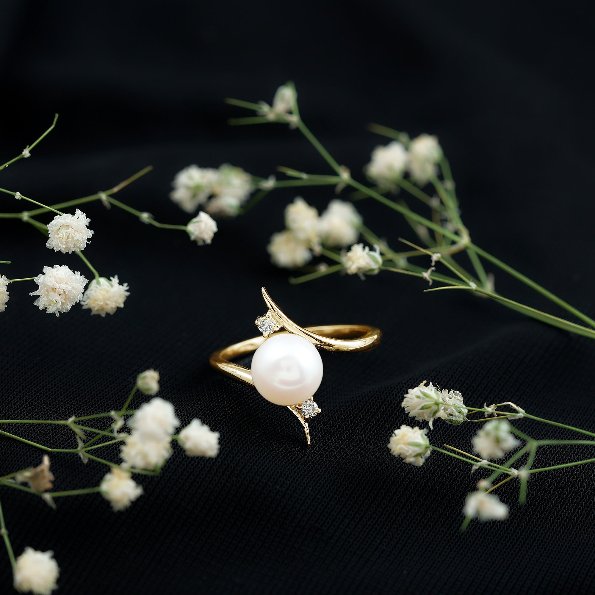 Rosec Jewels-Cultured 7.4 Carat Freshwater Pearl Engagement Ring with Diamond Bypass Shank