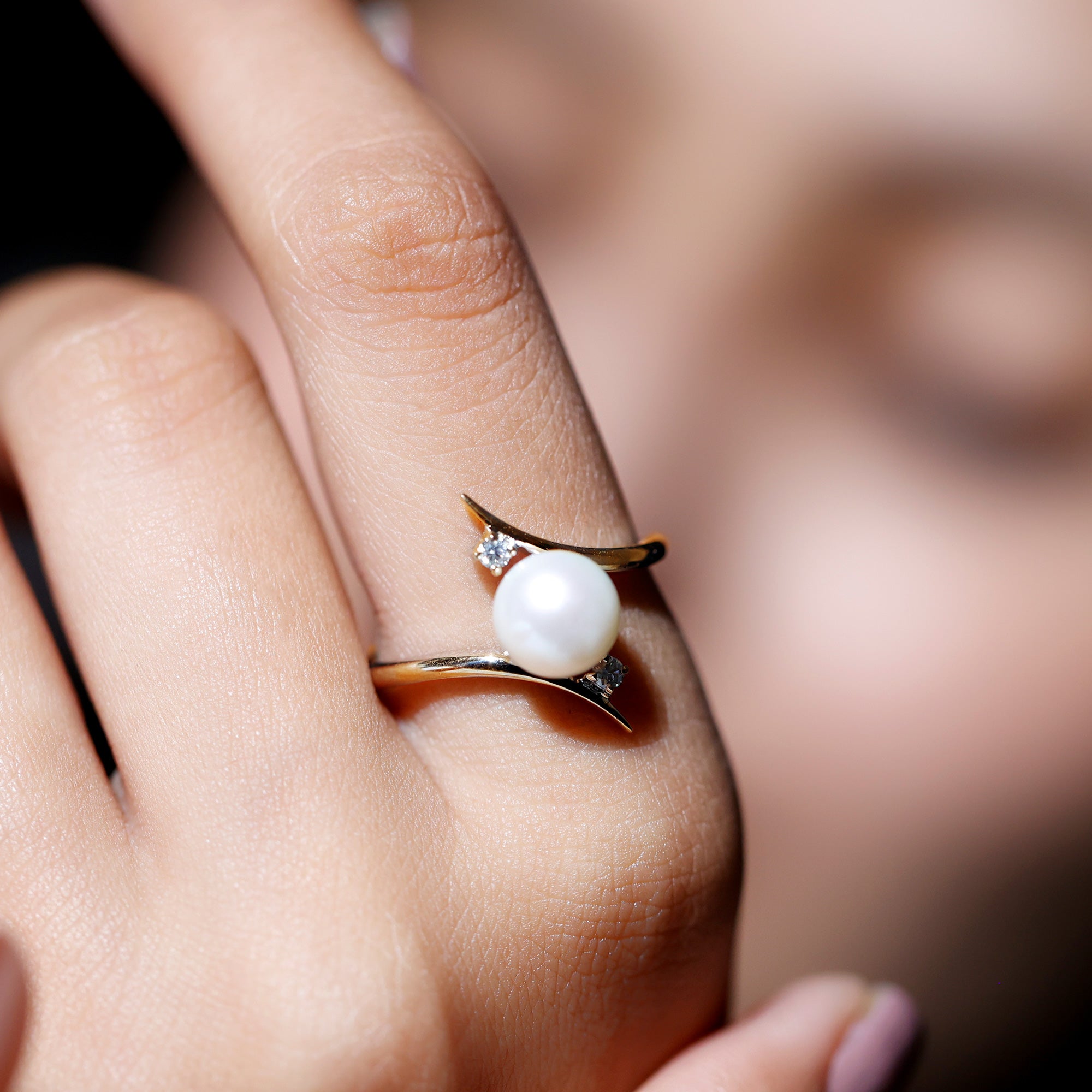Cultured 7.4 Carat Freshwater Pearl Engagement Ring with Diamond Bypass Shank AAA - Rosec Jewels