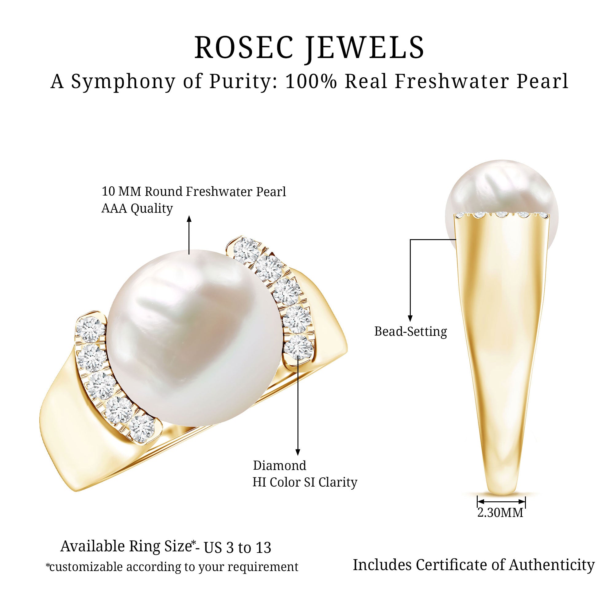 8 Carat Freshwater Pearl Statement Engagement Ring with Diamond AAA - Rosec Jewels