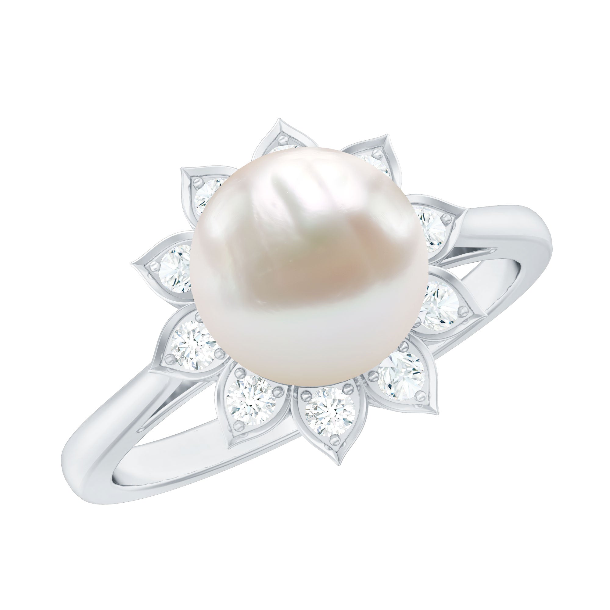 Freshwater Pearl and Diamond Flower Halo Engagement Ring