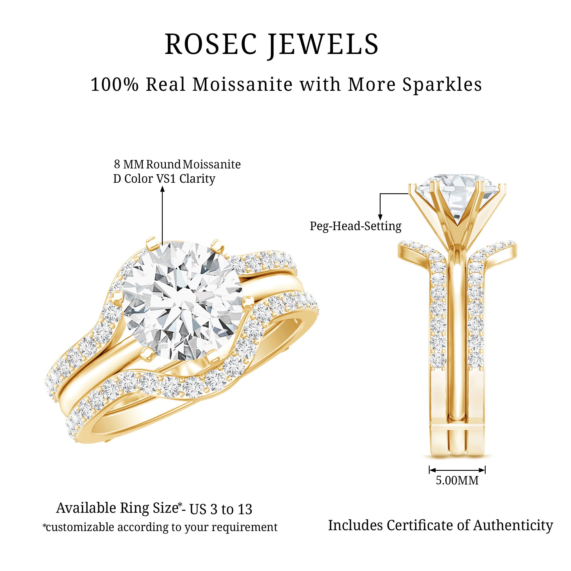 Certified 2 Carat Solitaire Moissanite Engagement Ring with 2 Enhancers D-VS1 - Rosec Jewels