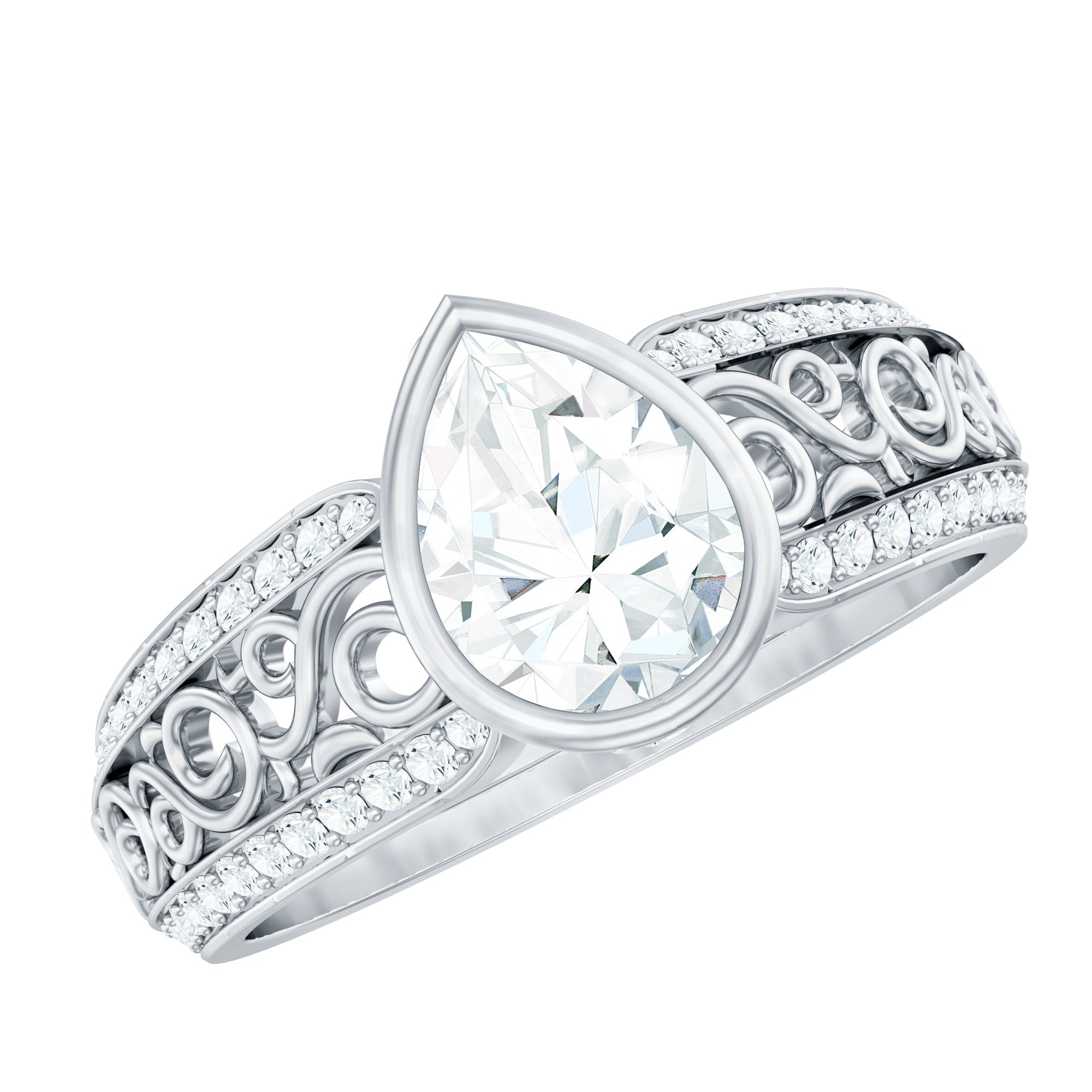 Bezel Set Moissanite Pear Engagement Ring with Filigree Details D-VS1 - Rosec Jewels