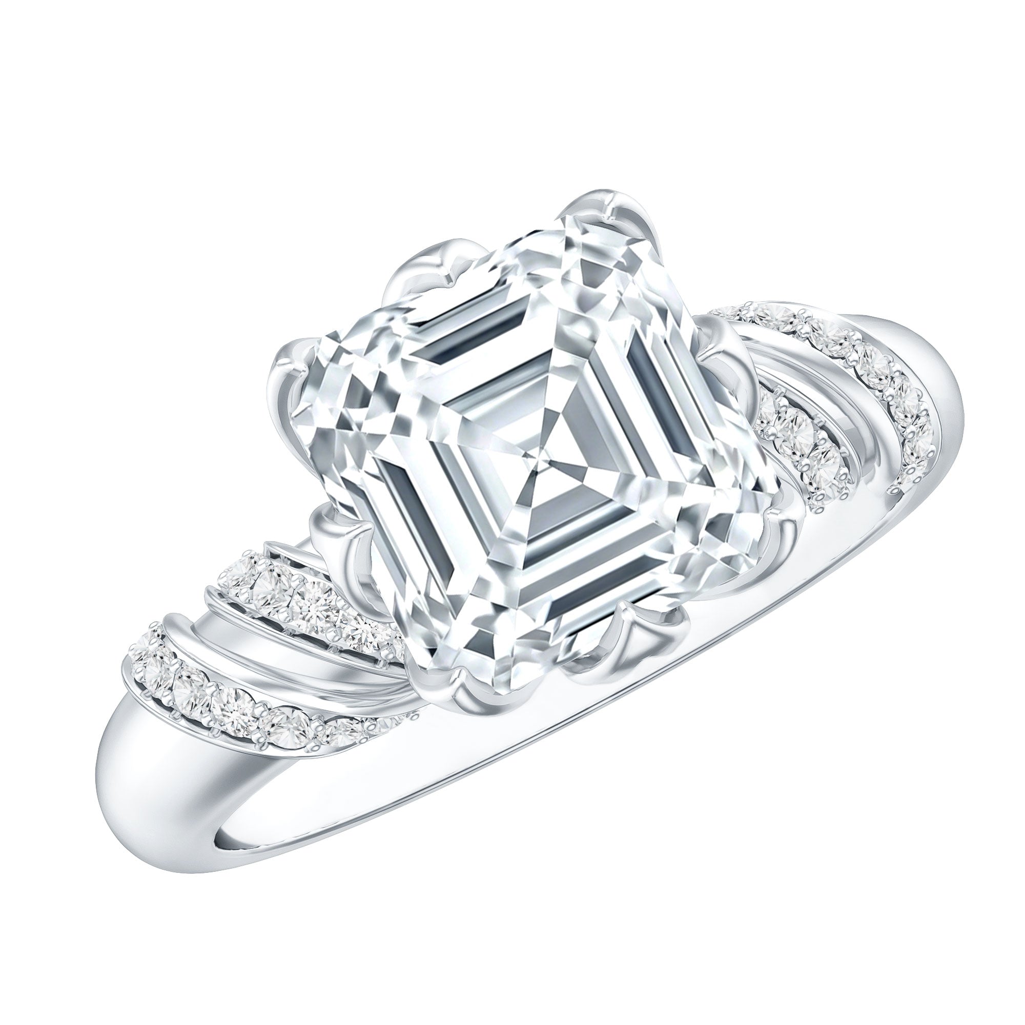 8 MM Asscher Cut Moissanite Solitaire Engagement Ring in Petal Prong Setting D-VS1 - Rosec Jewels