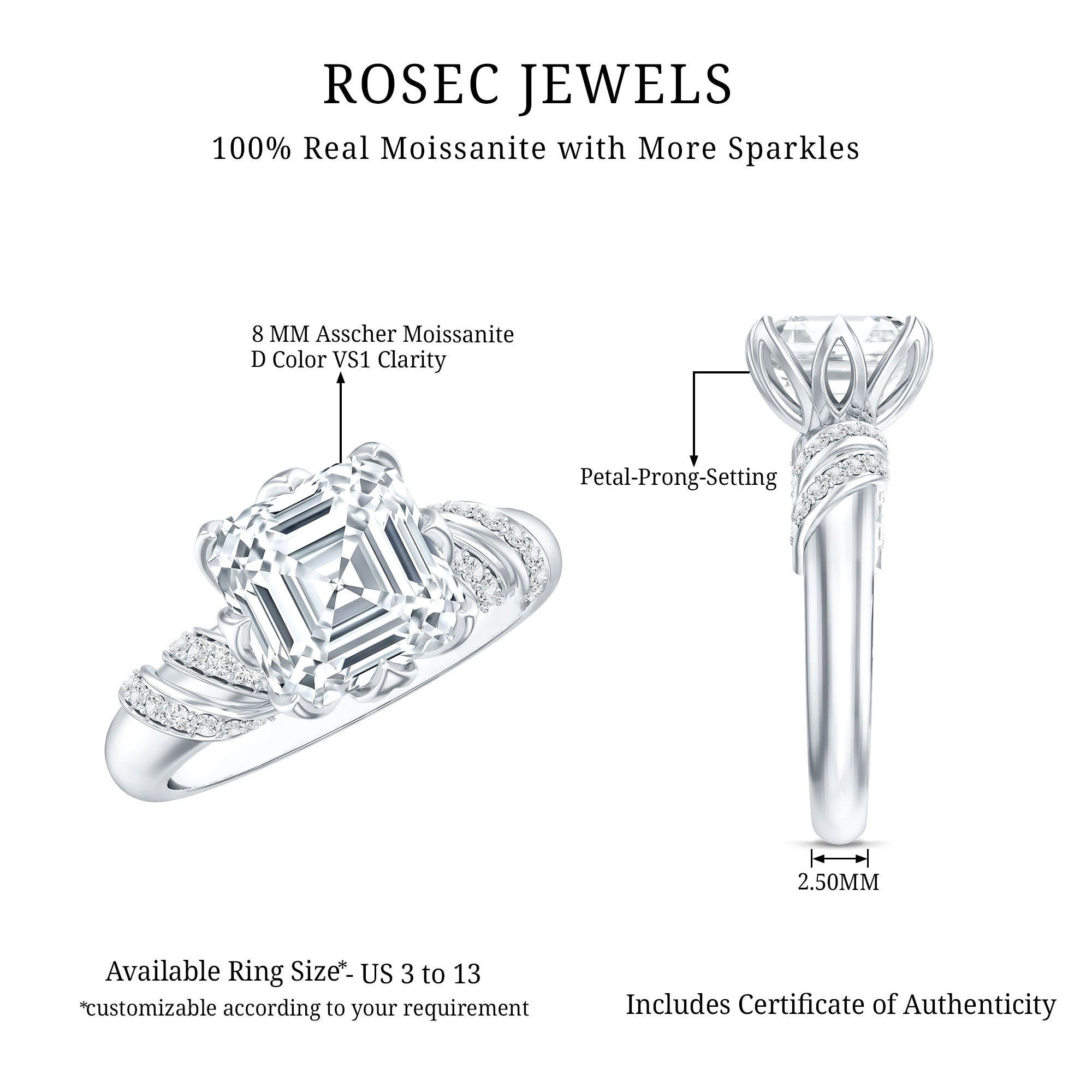 8 MM Asscher Cut Moissanite Solitaire Engagement Ring in Petal Prong Setting D-VS1 - Rosec Jewels