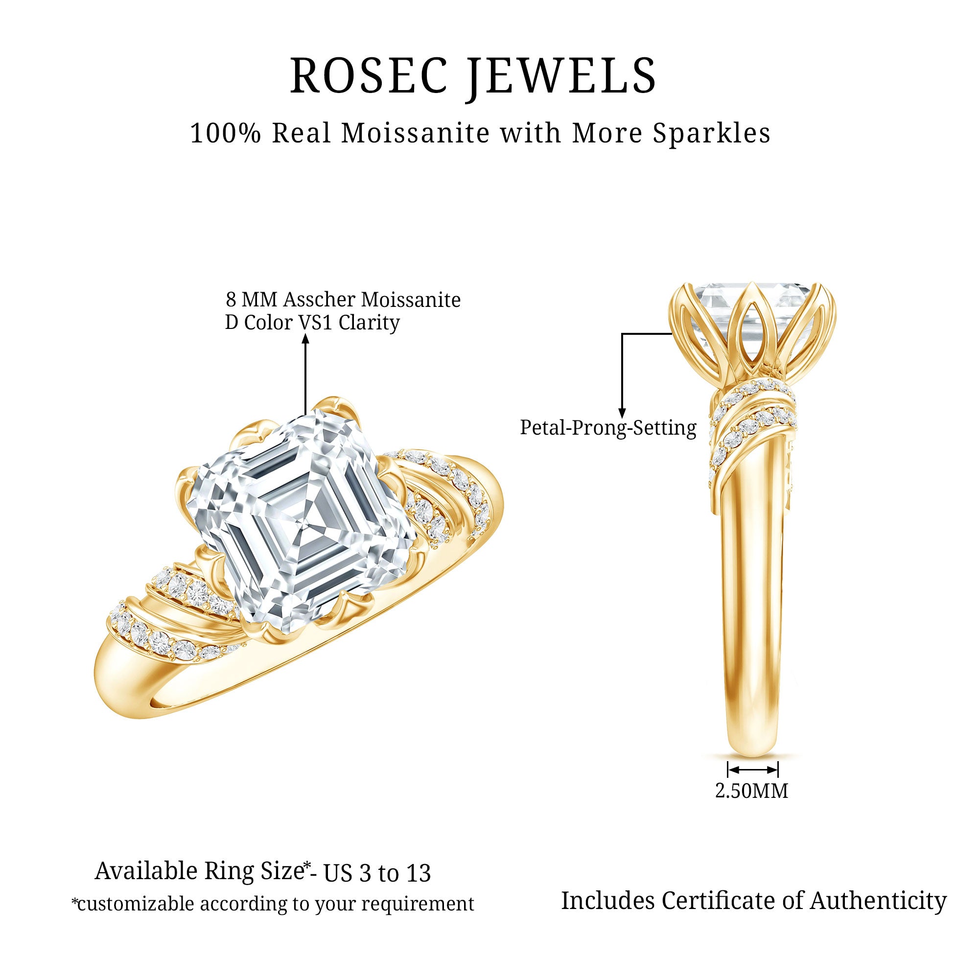 8 MM Asscher Cut Moissanite Solitaire Engagement Ring in Petal Prong Setting D-VS1 - Rosec Jewels