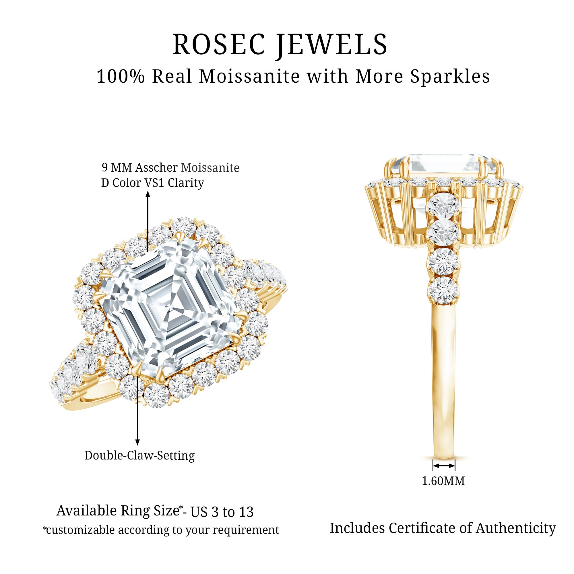 Certified 9 MM Asscher Cut Moissanite Halo Engagement Ring D-VS1 - Rosec Jewels