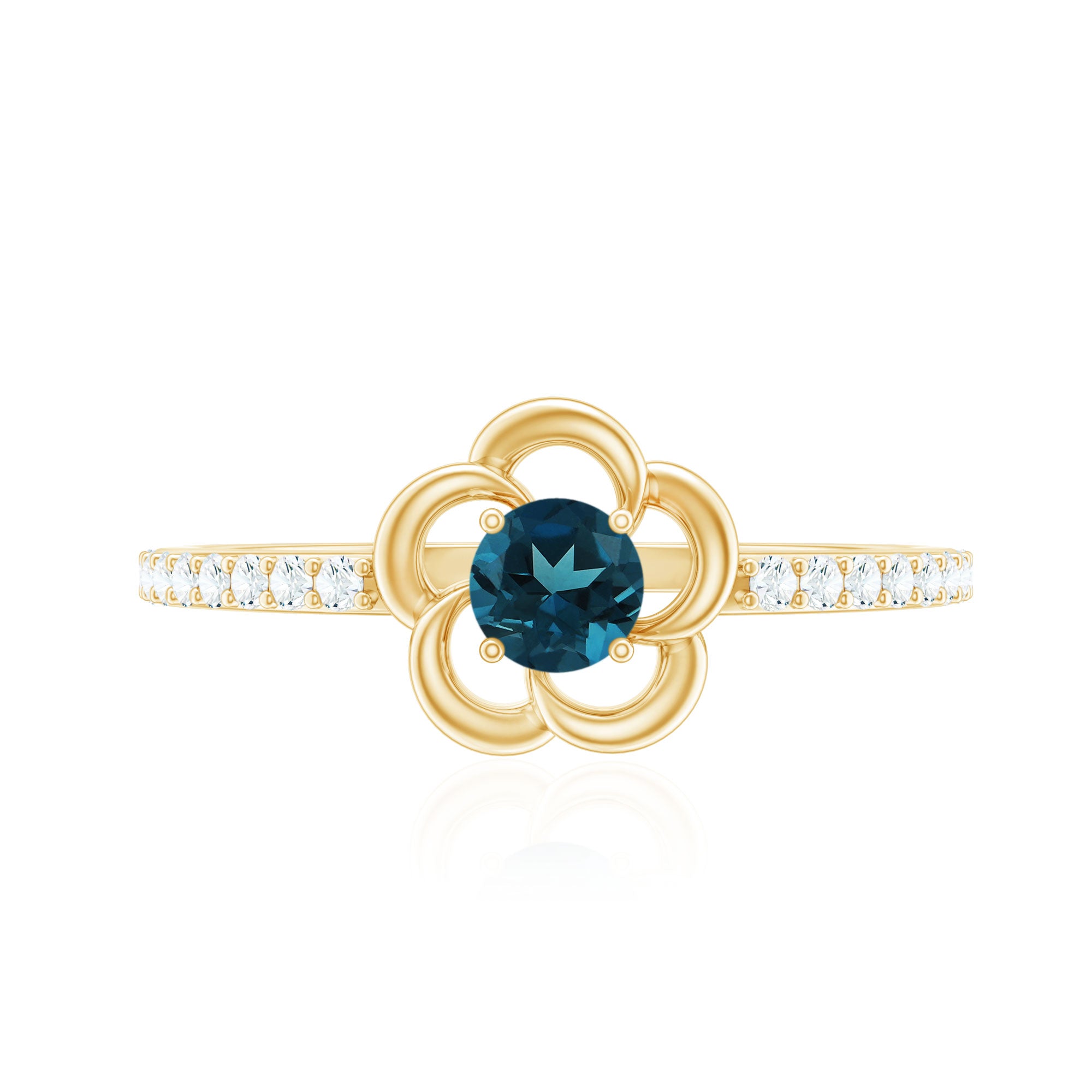 5mm Round London Blue Topaz Flower Promise Ring with Diamond AAA - Rosec Jewels