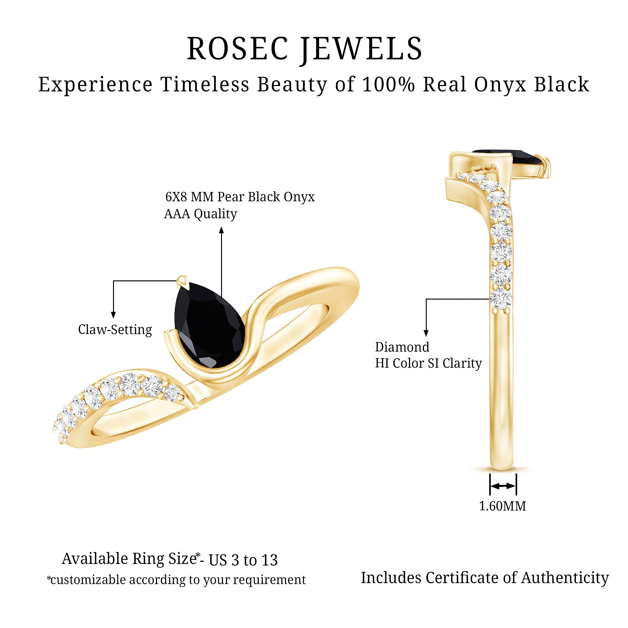 Pear Shaped Black Onyx Promise Ring with Diamonds AAA - Rosec Jewels