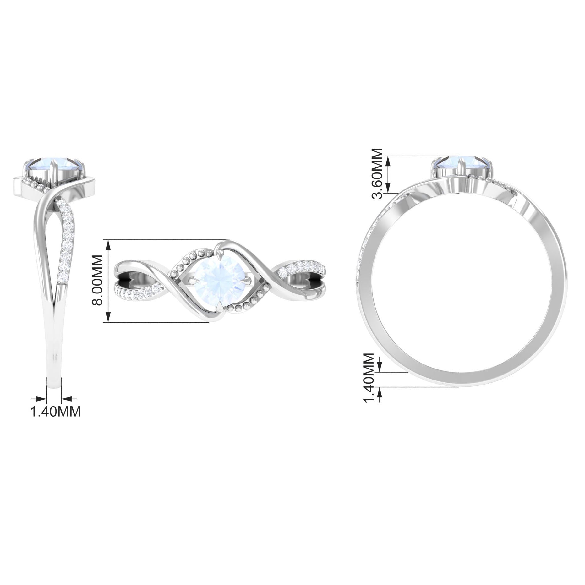 1/2 CT Claw Set Moonstone Solitaire Crossover Ring with Diamond AAA - Rosec Jewels