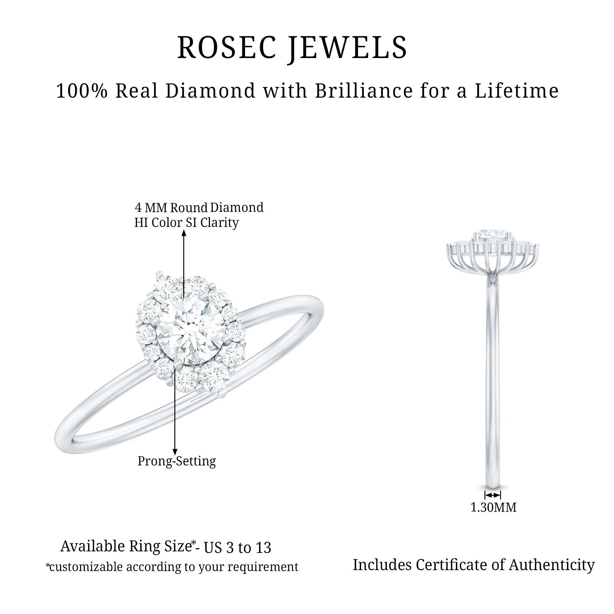 Minimal Real Diamond Engagement Ring with Halo Natural - ( HI-SI ) - Rosec Jewels