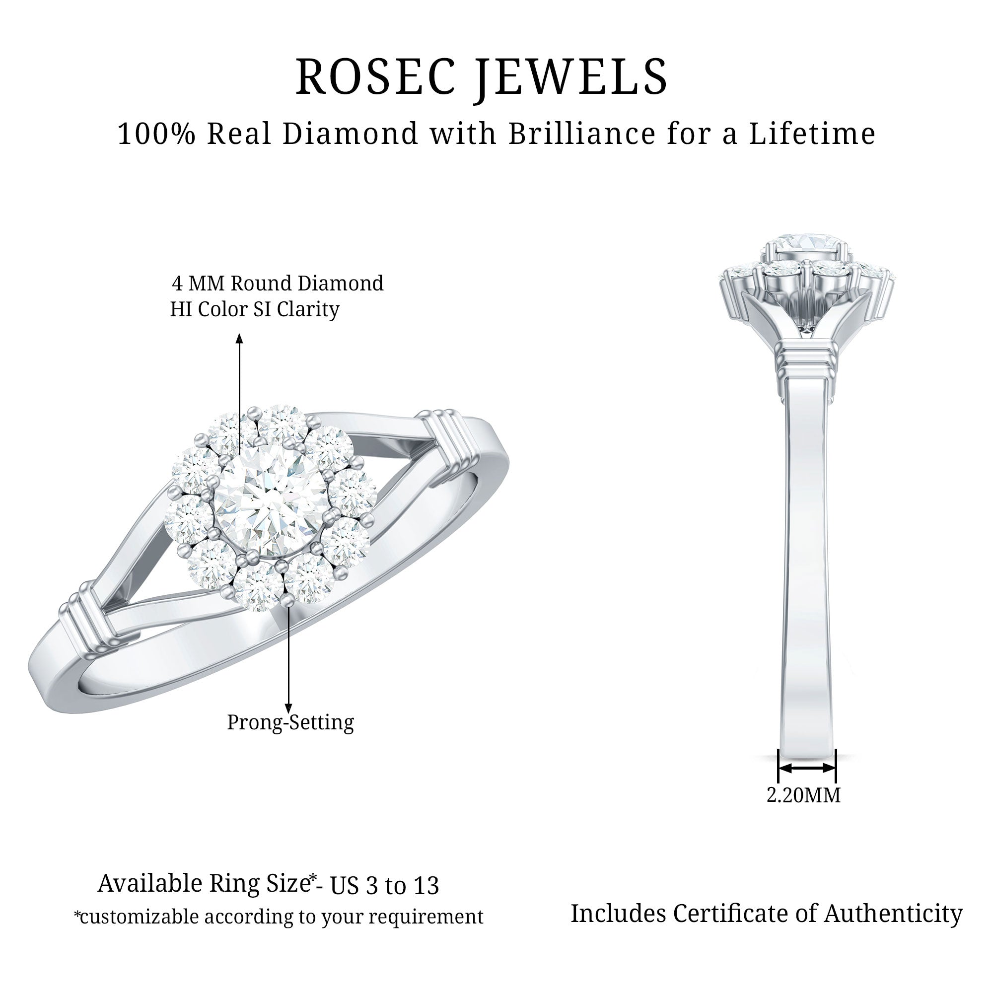 Natural Diamond Halo Engagement Ring with Split Shank Natural - ( HI-SI ) - Rosec Jewels
