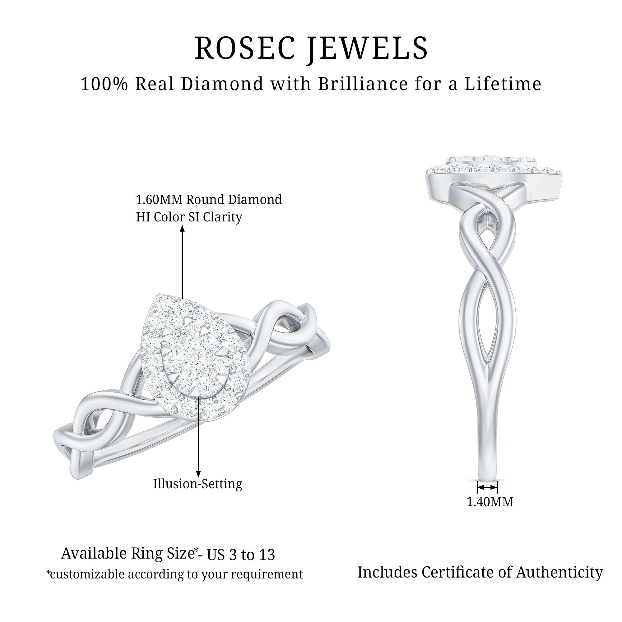 Illusion Set Round Diamond Crossover Engagement Ring Natural - ( HI-SI ) - Rosec Jewels