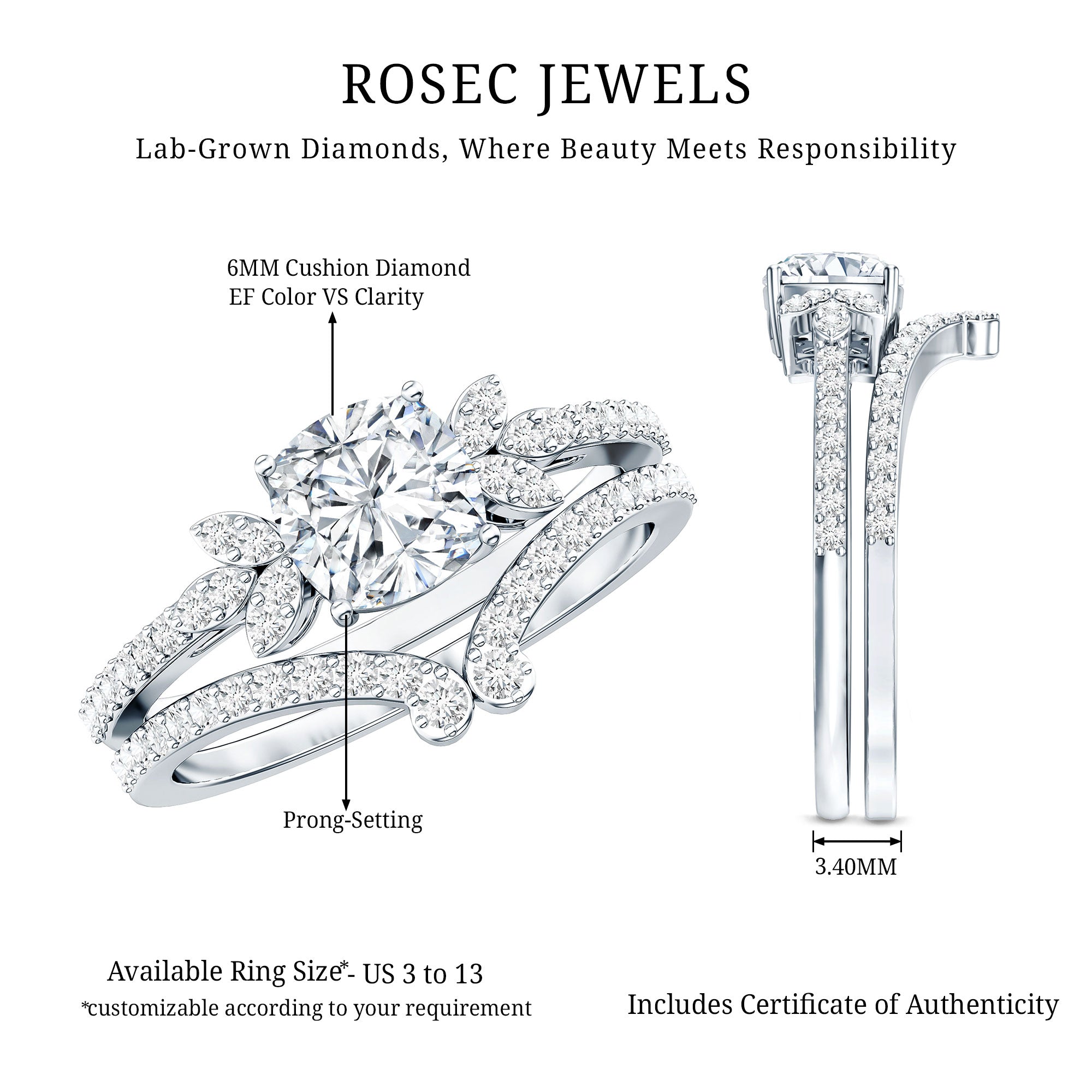 Certified 6 MM Cushion Lab Grown Diamond Engagement Ring with Wedding Band Lab - ( EF-VS ) - Rosec Jewels