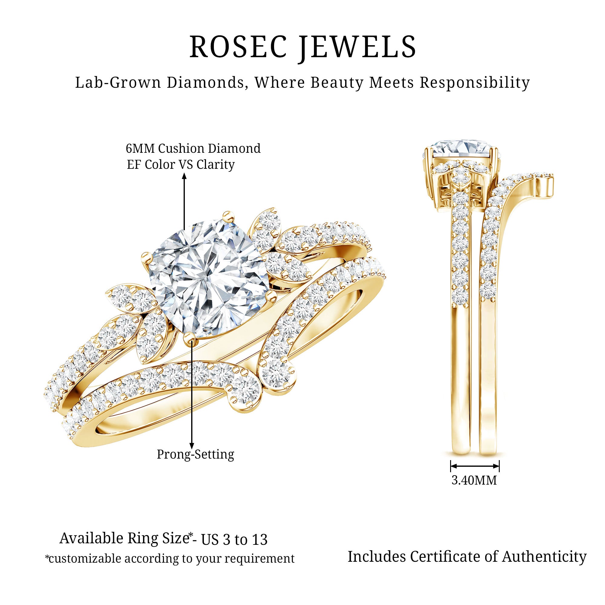 Certified 6 MM Cushion Lab Grown Diamond Engagement Ring with Wedding Band Lab - ( EF-VS ) - Rosec Jewels