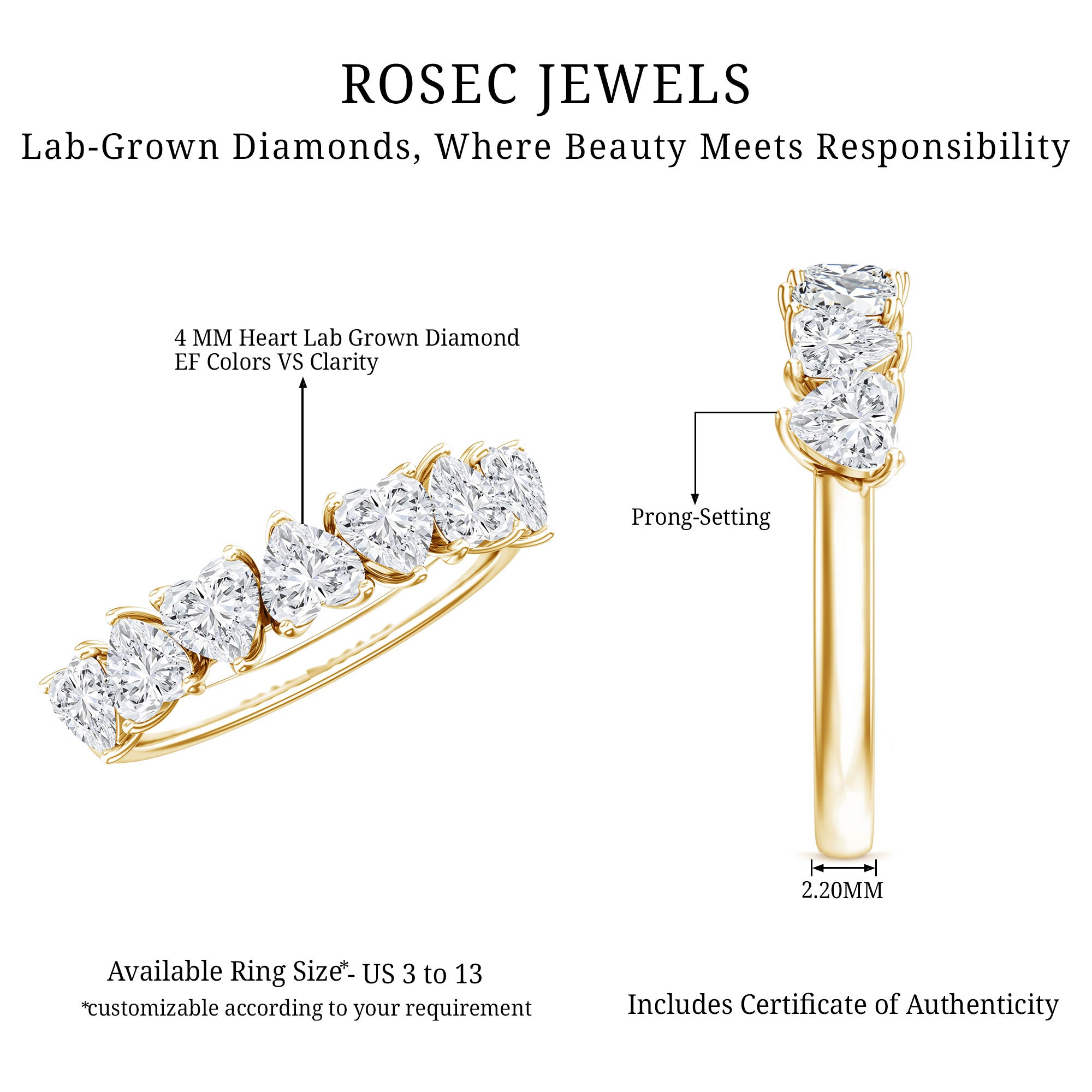 Certified Lab Heart Shaped Diamond Half Eternity Ring Lab - ( EF-VS ) - Rosec Jewels