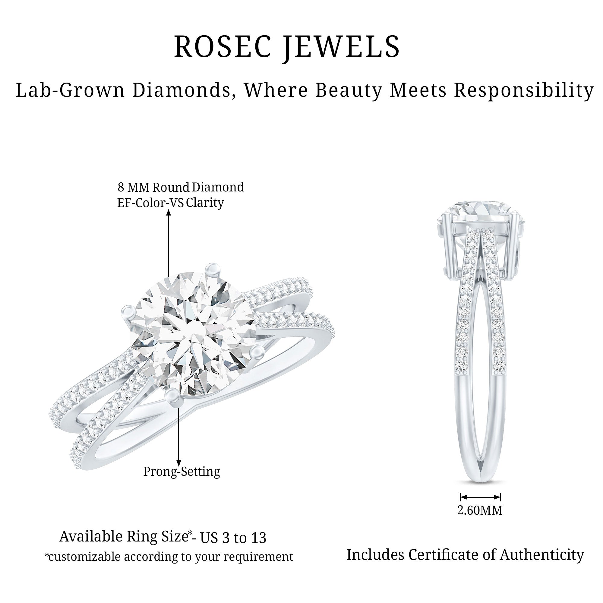 Rosec Jewels-Certified 8 mm Lab Grown Diamond Split Shank Engagement Ring