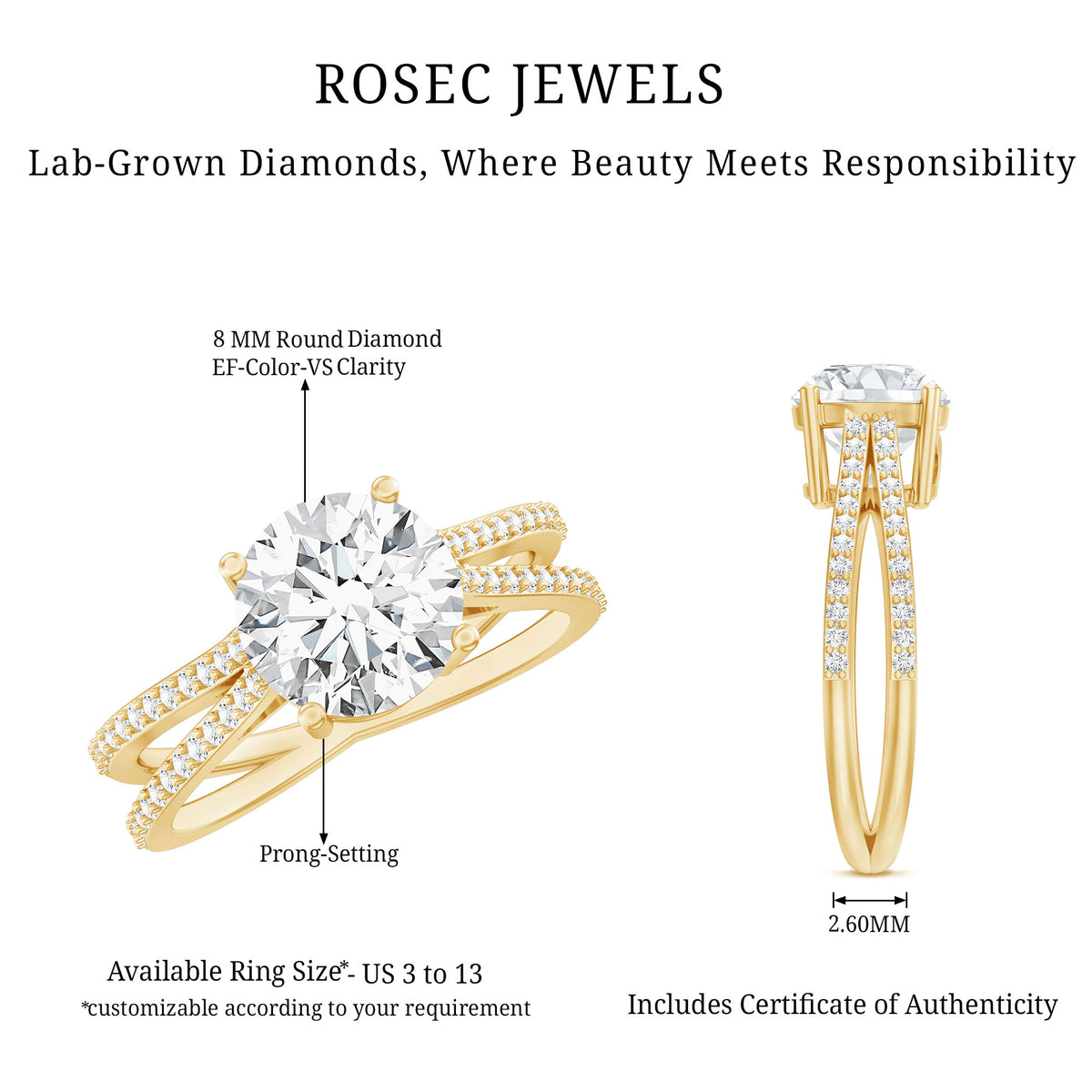 IGI Certified 2 Carat Lab Grown Diamond Split Shank Engagement Ring Lab - ( E-VS1 ) - Rosec Jewels