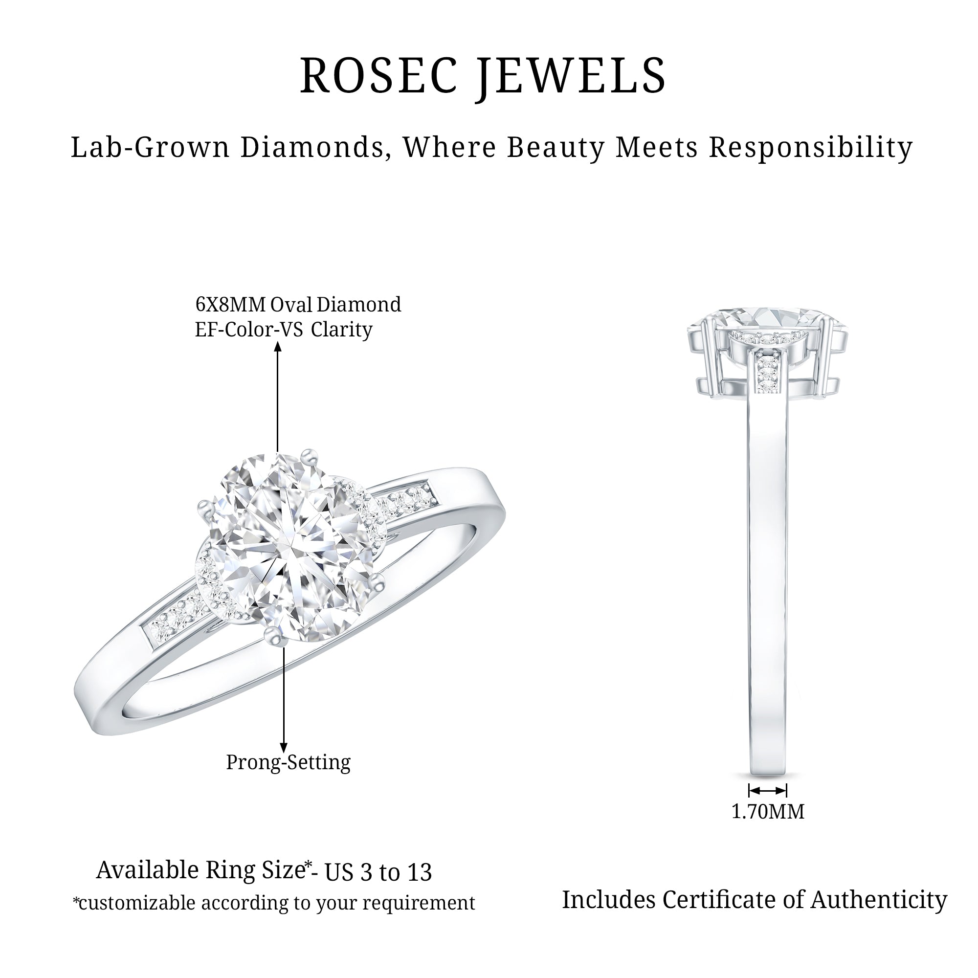 Certified 6X8 MM Oval Lab Grown Diamond Solitaire Engagement Ring Lab - ( EF-VS ) - Rosec Jewels